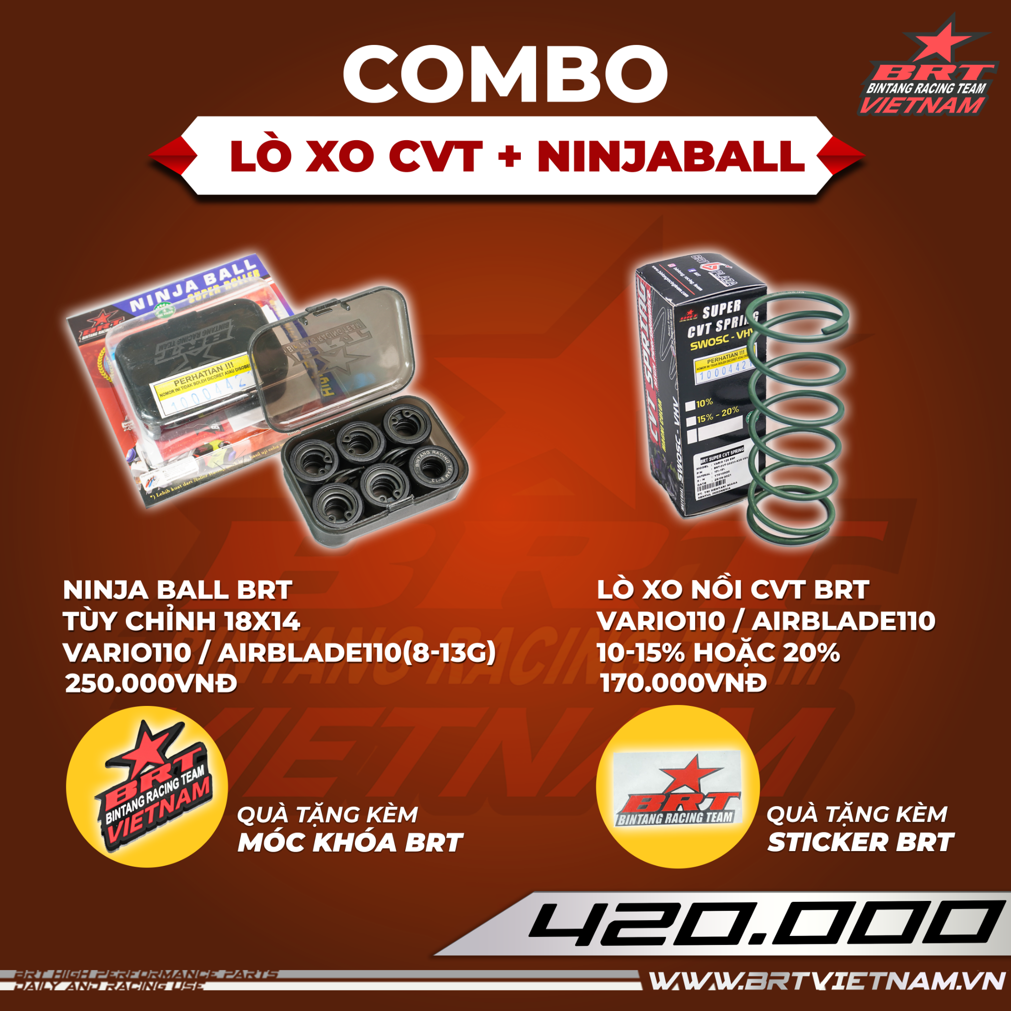  Combo Lò xo tay ga Vision110 + Ninja ball tùy chỉnh BRT - Tặng kèm móc khóa BRT 
