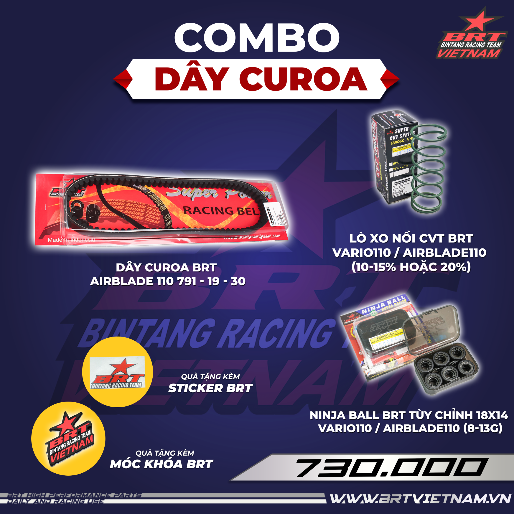  Combo Dây curoa + Ninja ball + Lò xo nồi CVT BRT Airblade110 - Tặng kèm móc khóa + tem dán BRT 