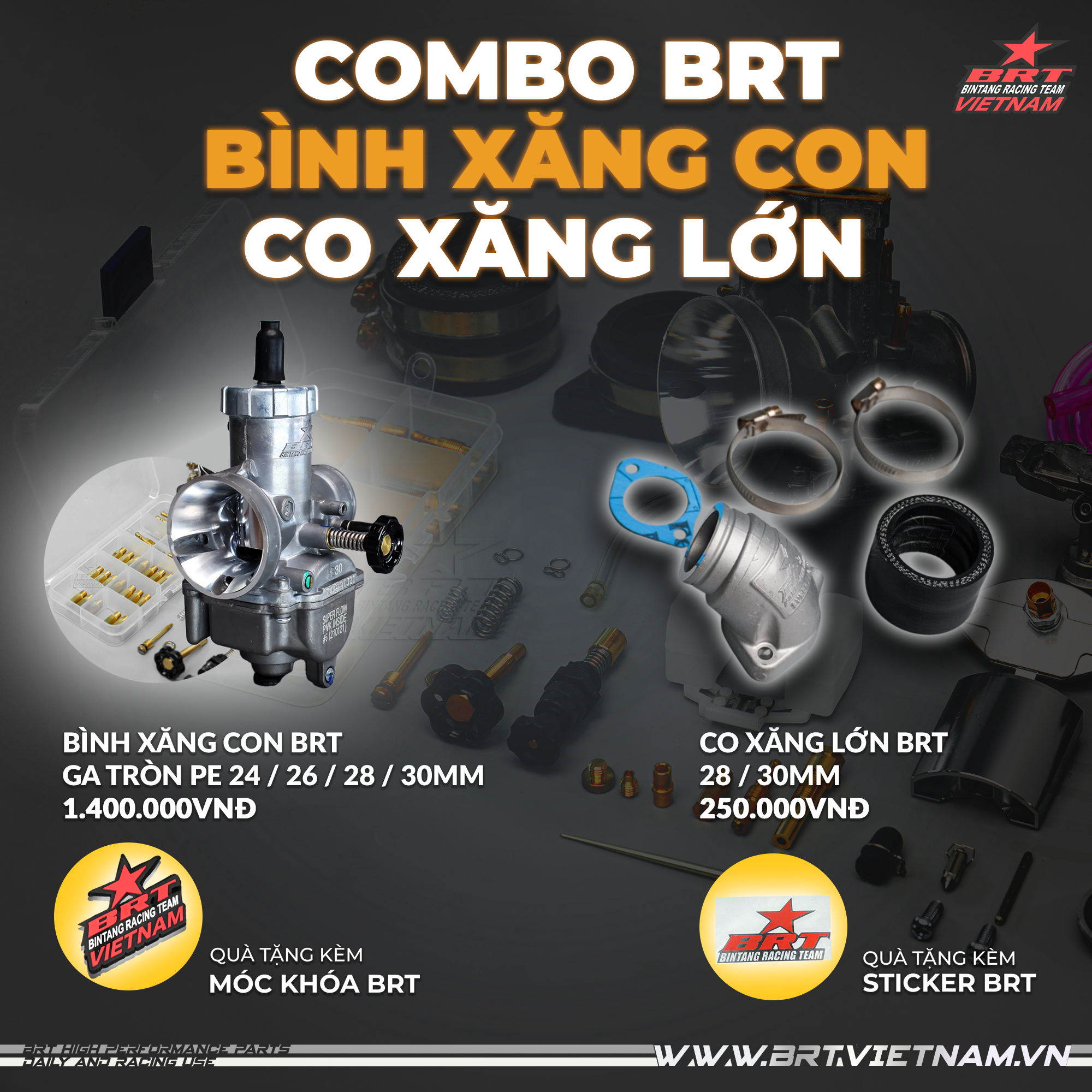  Combo Bình Xăng Con Ga Tròn PE 28/30mm + Co Xăng Lớn 28/30mm BRT 