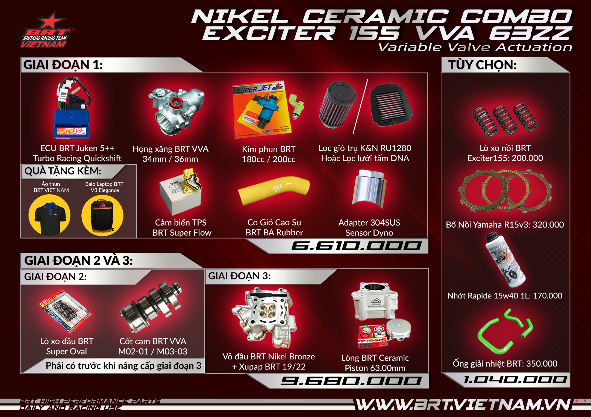  Combo BRT 63zz 63mm R15v3 - XSR 155 - FZ155 - Nikel Ceramic (Street) 