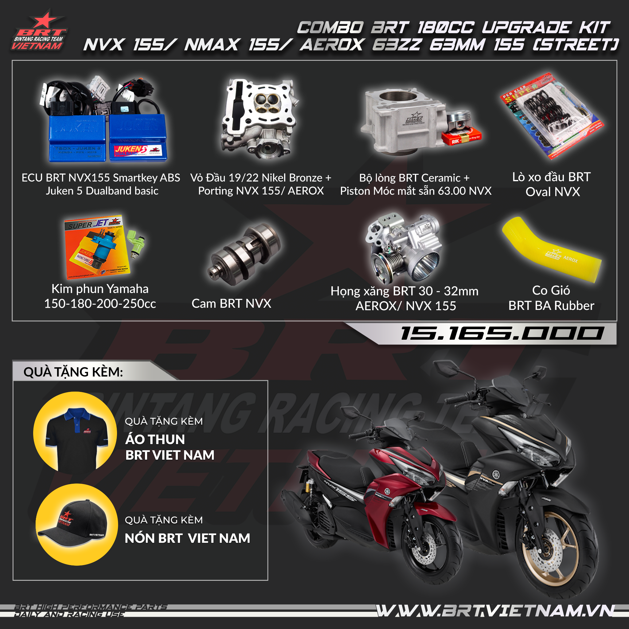  Combo BRT 180cc Upgrade Kit NVX 155/ NMAX 155/ AEROX 63zz 63mm 155 (Street) 