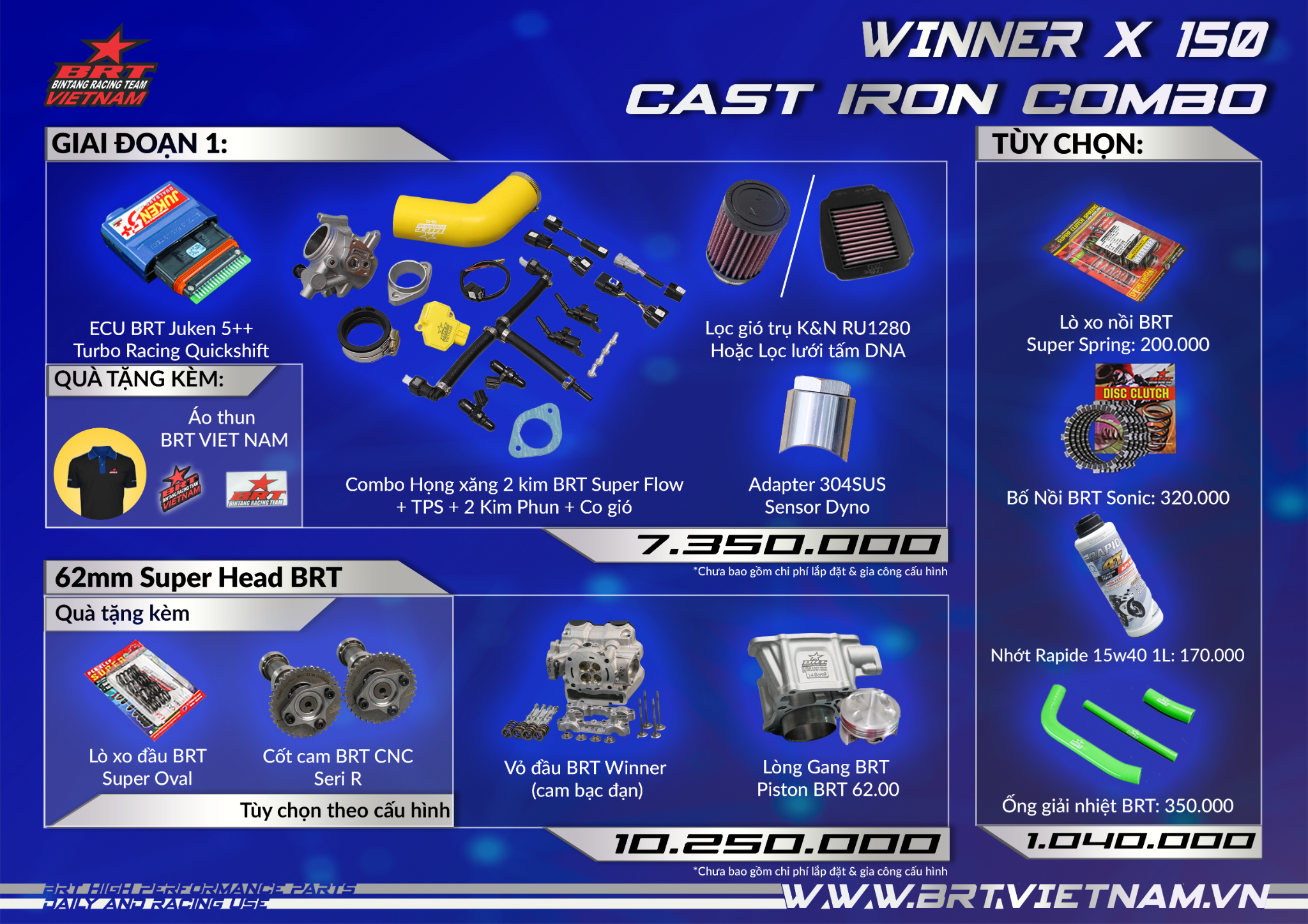  Combo Vỏ Đầu Cam Bạc Đạn Winner X/ CB150R/ CB150 Full 177cc + họng 2 kim 62 mm BRT (Street) 
