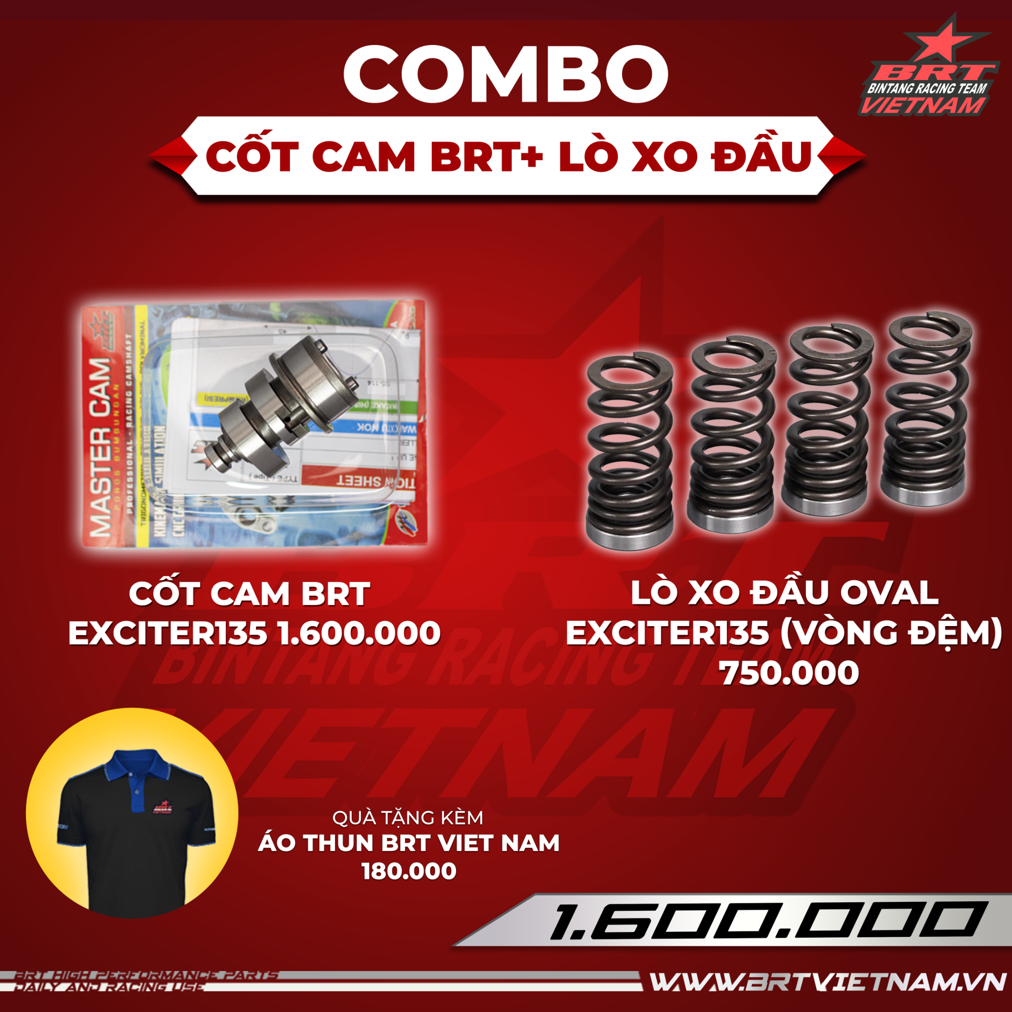  Combo Cốt Cam Exciter135 + Lò xo đầu BRT - Tặng áo thun BRT VIET NAM 