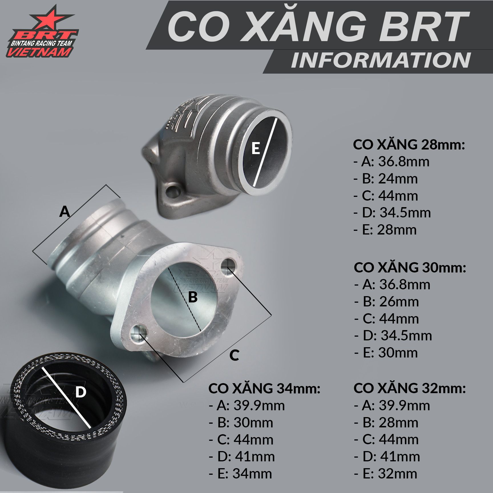 Co Xăng Lớn BRT 28mm Wave Dream Sirius Jupiter (Intake Cub