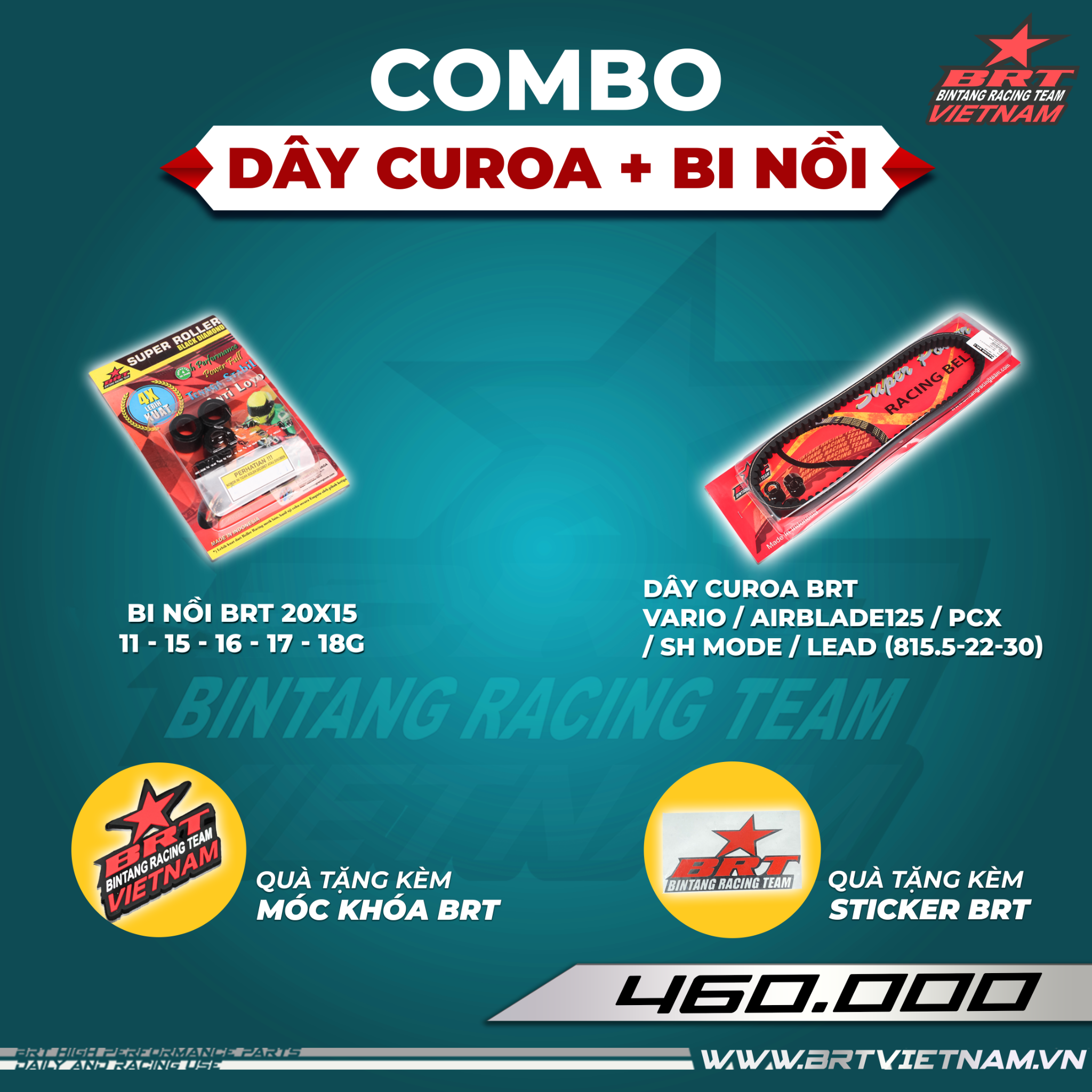  Combo Dây curoa + Bi nồi BRT Vario125-150/ Airblade125-150 - Tặng kèm móc khóa + tem dán BRT 