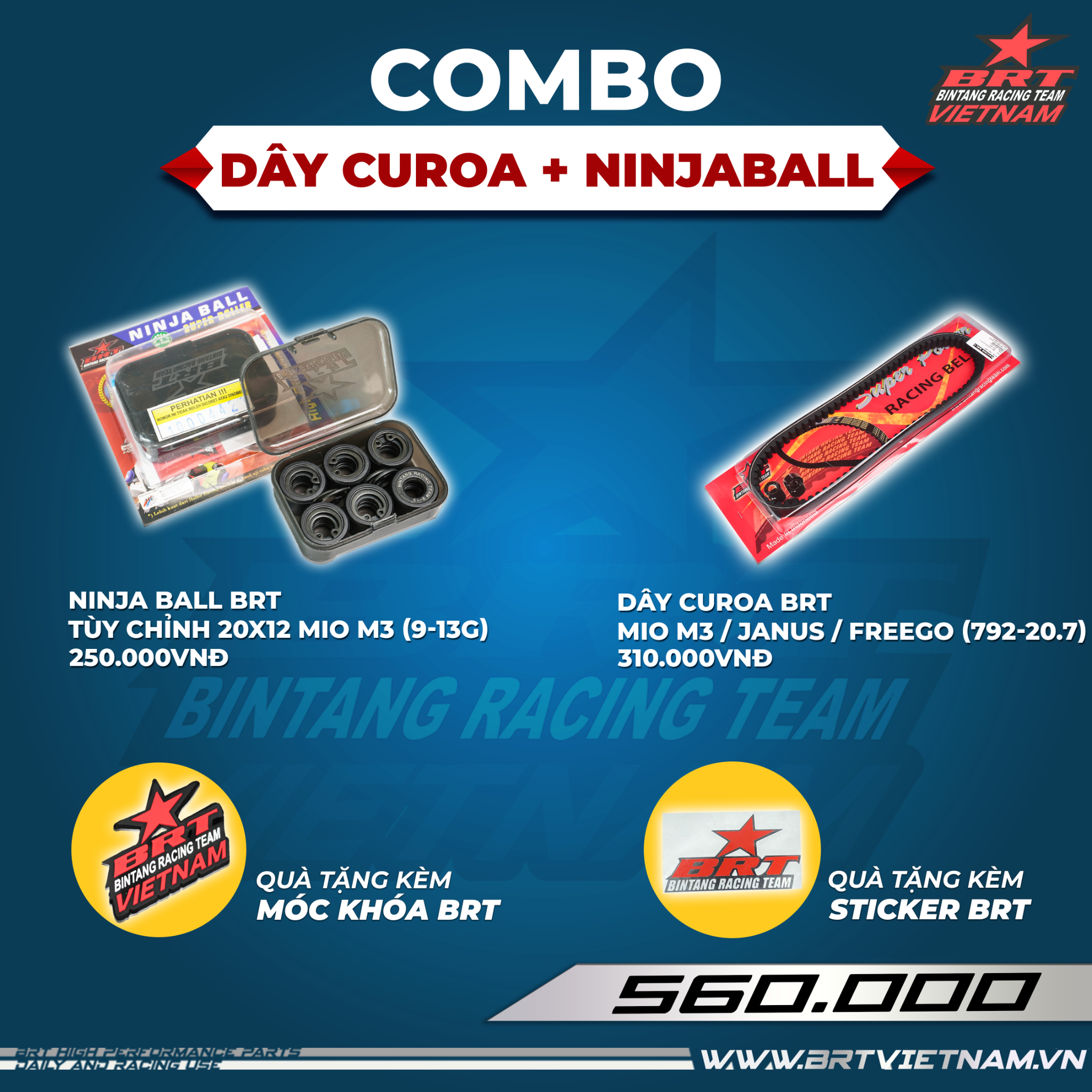  Combo Dây Curoa Mio M3 BRT + Ninja Ball tùy chỉnh BRT -  Tặng kèm móc khóa BRT 