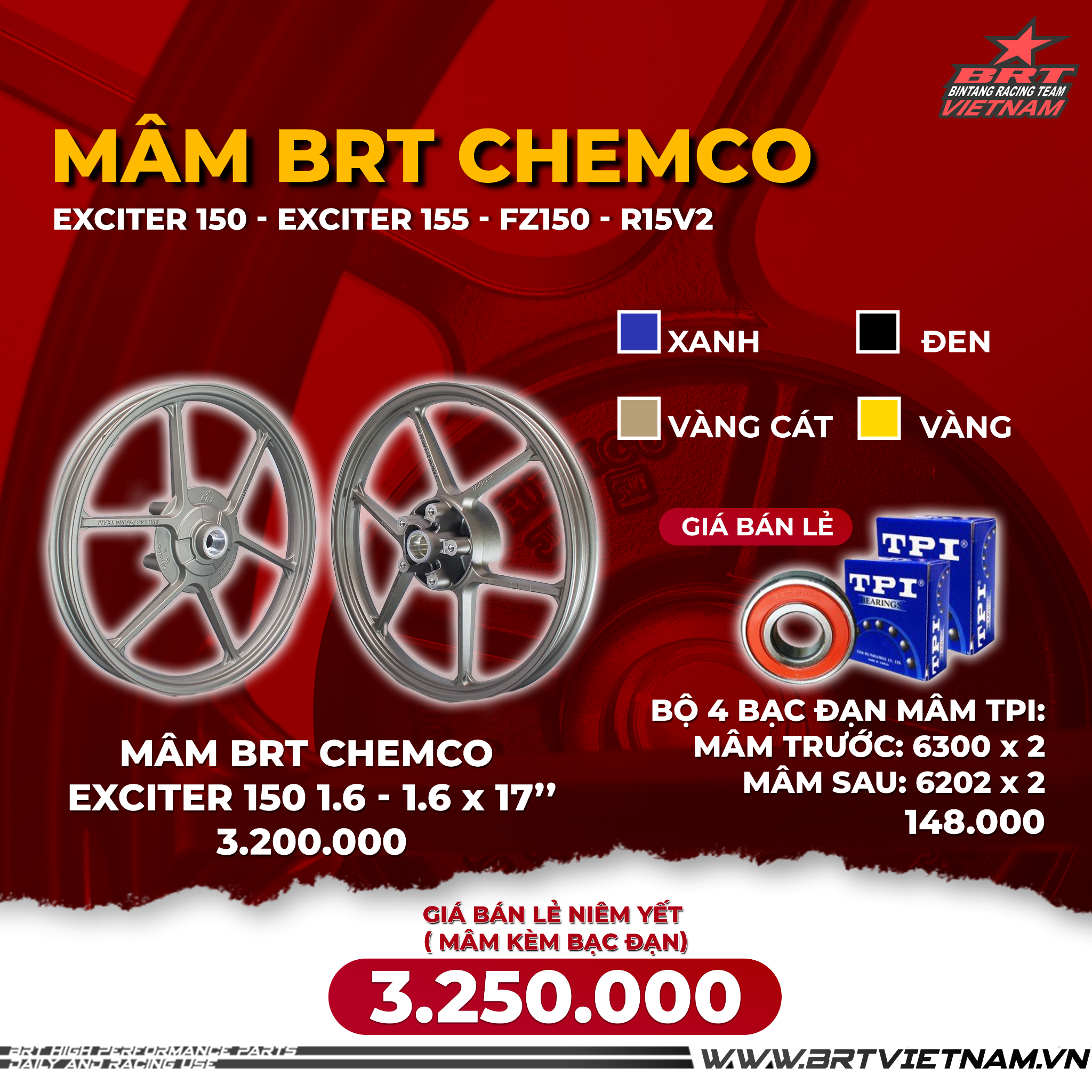  Combo Mâm BRT Chemco Exciter150 + 4 bộ bạc đạn mâm TPI 