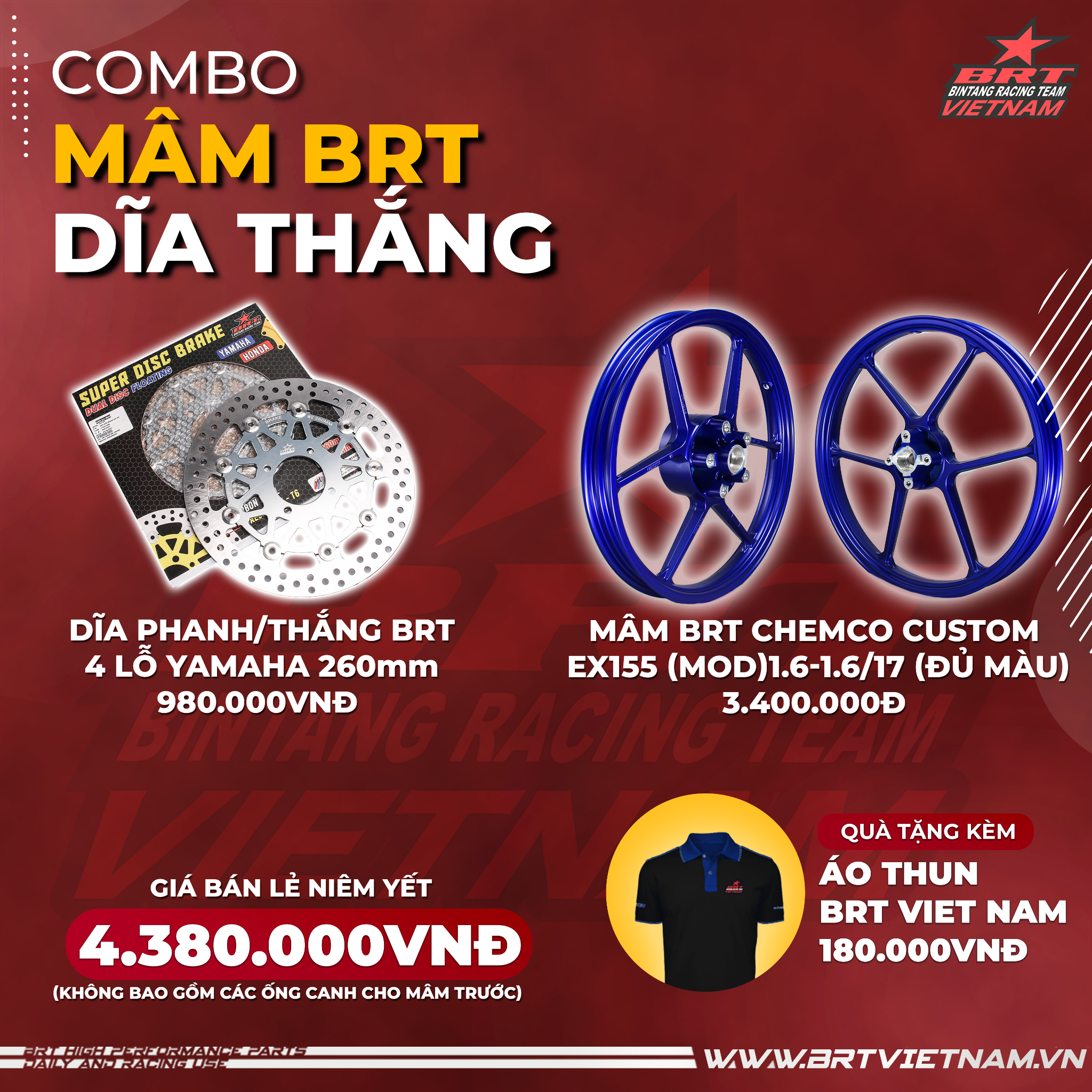  Combo Mâm BRT Chemco Exciter 155 + Dĩa Thắng BRT 4 lỗ Yamaha 260mm - Tặng kèm Áo thun BRT VIET NAM 