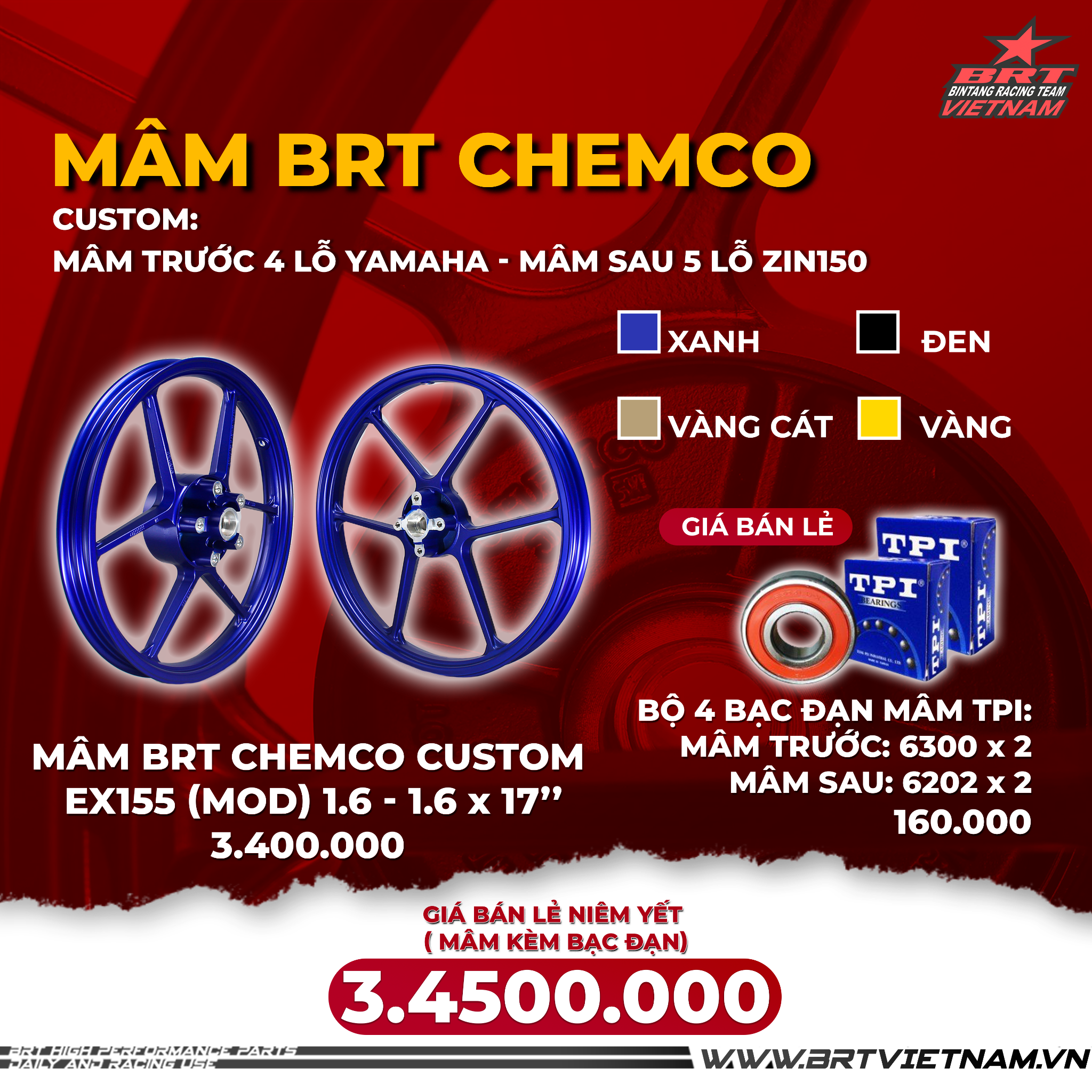  Combo Mâm BRT Chemco Custom Exciter155 (Mod) + 4 bộ bạc đạn mâm TPI 