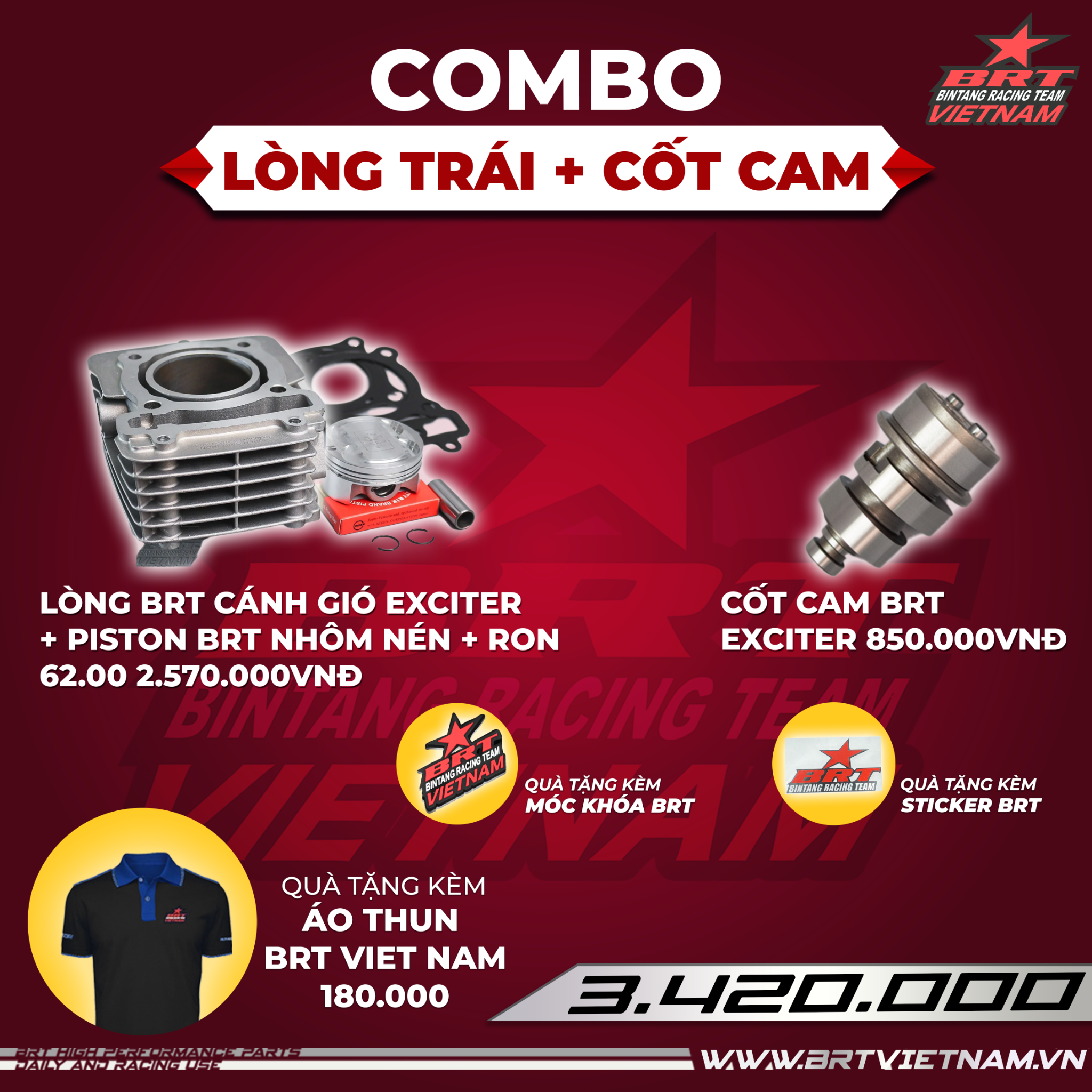  Combo Bộ Lòng Trái Cánh Gió BRT Cánh gió Exciter 62.00 + Cốt Cam Exciter BRT - Tặng kèm áo thun BRT VIET NAM 