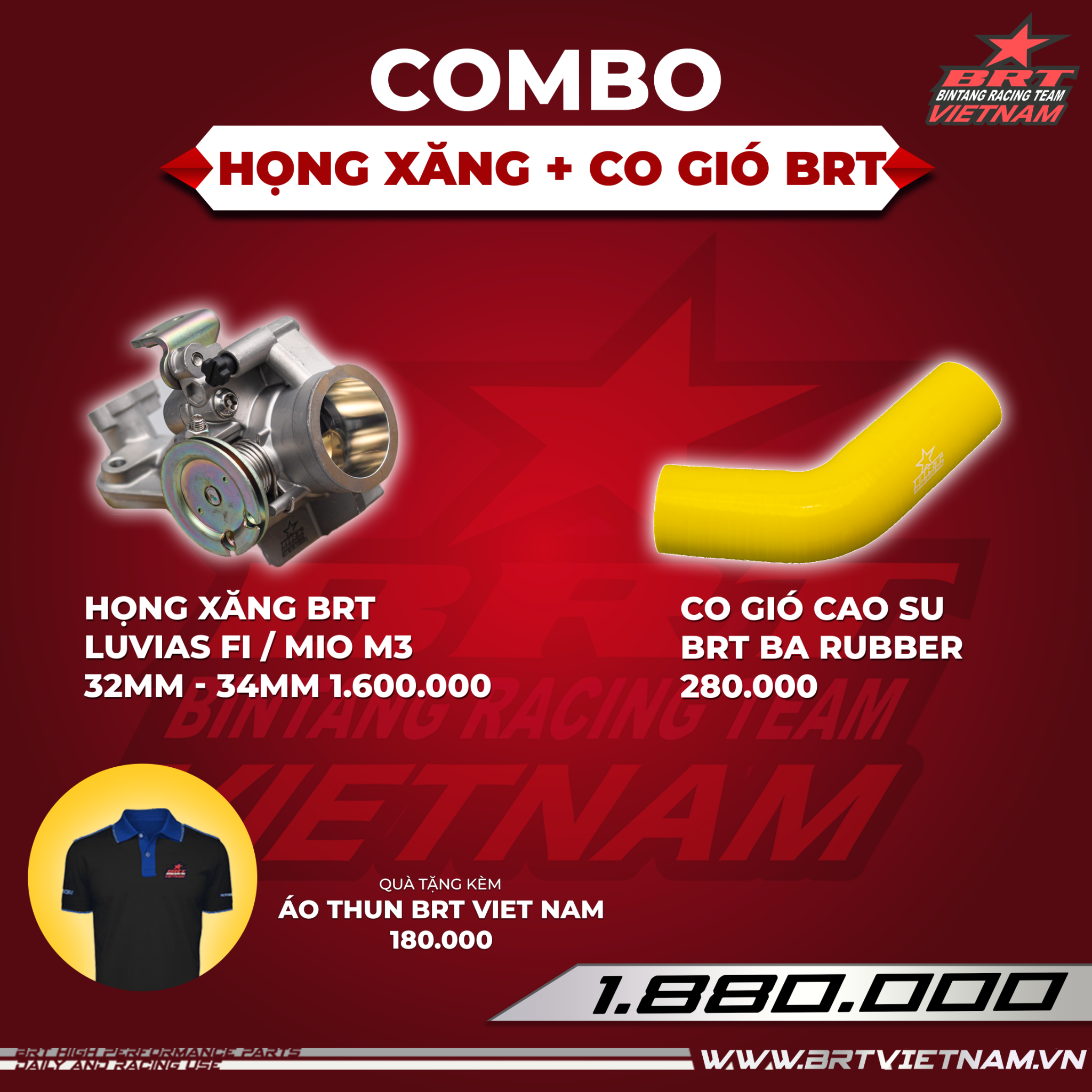  Combo Họng xăng Luvias Fi / Mio M3 32-34mm + Co gió BRT - Tặng kèm áo thun BRT VIET NAM 