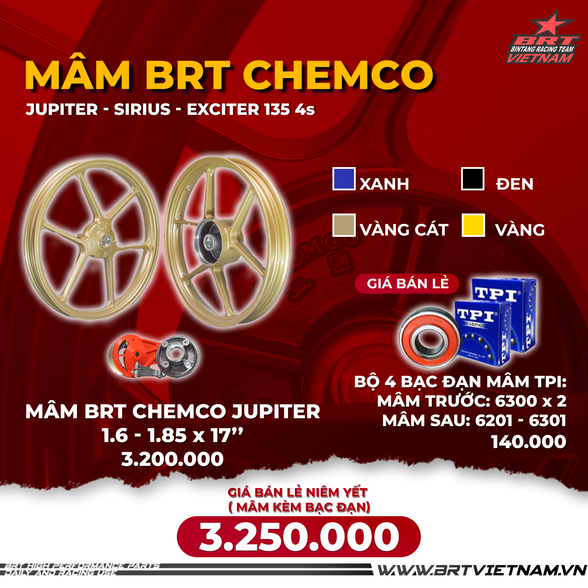  Combo Mâm BRT Chemco Jupiter + 4 bộ bạc đạn mâm TPI 