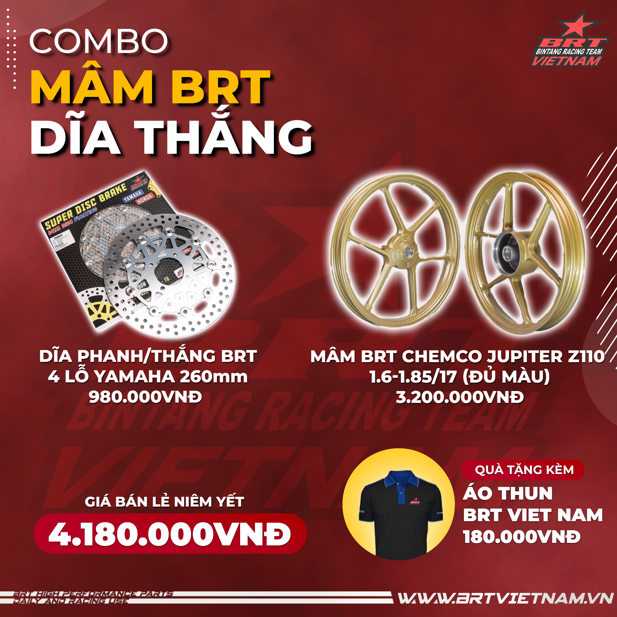  Combo Mâm BRT Chemco Jupiter Z110 + Dĩa Thắng BRT 4 lỗ Yamaha 260mm  - Tặng kèm Áo thun BRT VIET NAM 