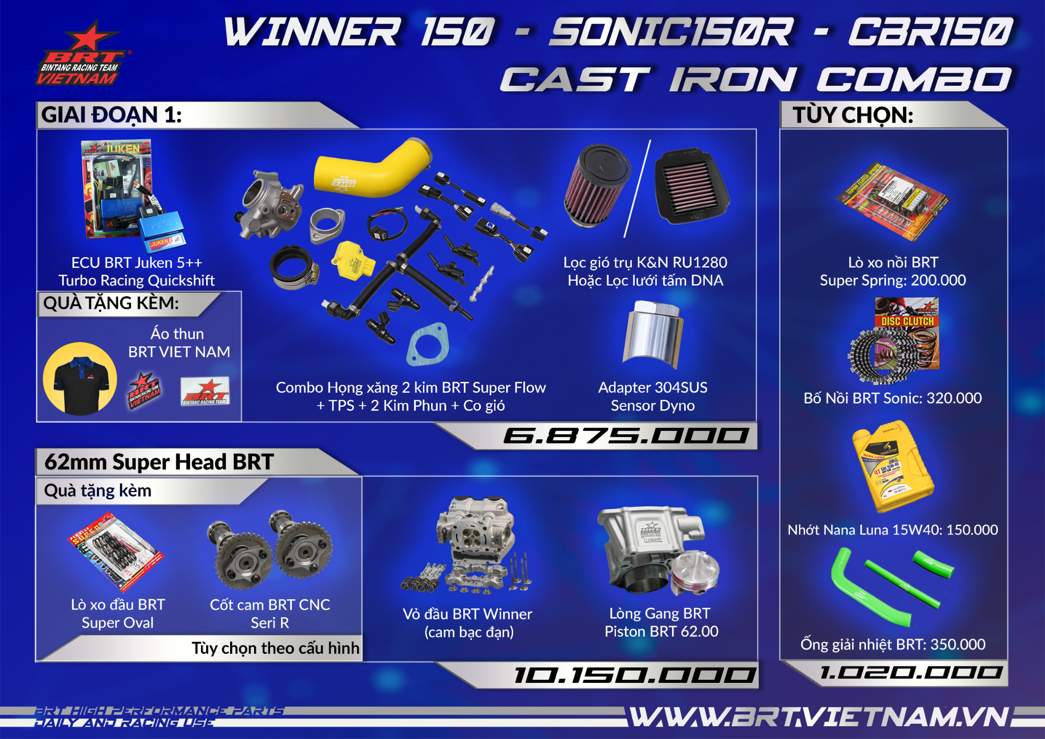  Combo Vỏ Đầu Cam Bạc Đạn 2Kim Winner V1 - Sonic - CBR 150 - Cast Iron 62mm (Street) 