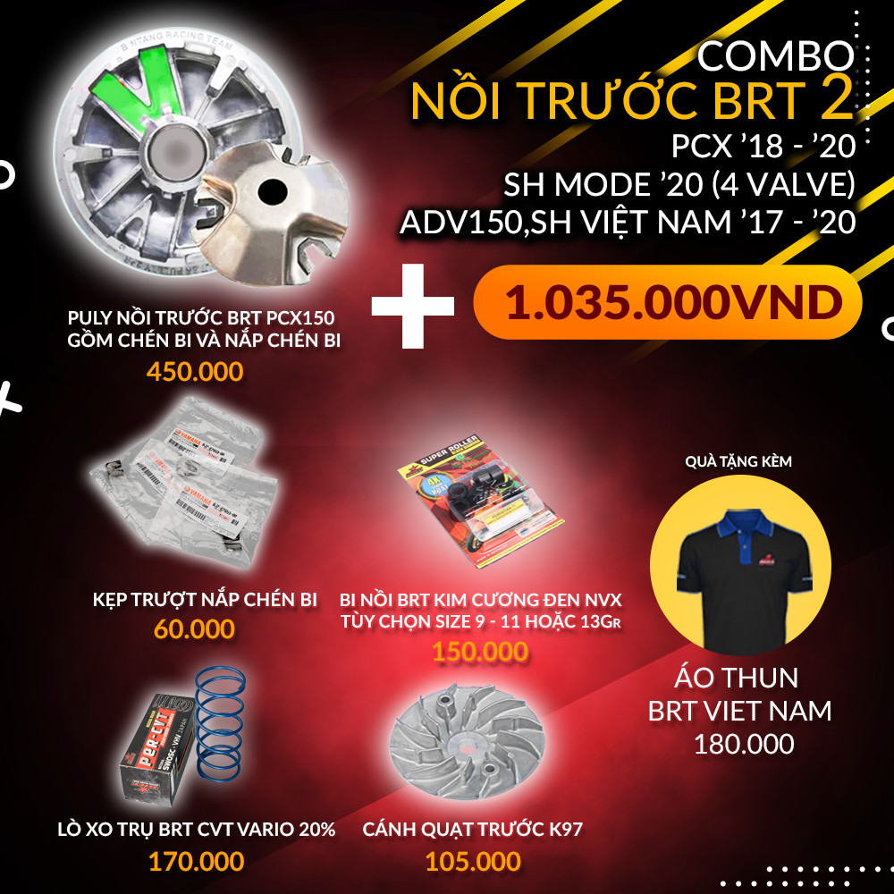  Combo Nồi trước BRT 2 PCX 2018 - 2022, SH mode 2020, ADV150, SH Việt Nam 2017-2020 - Tặng áo thun BRT VIET NAM 