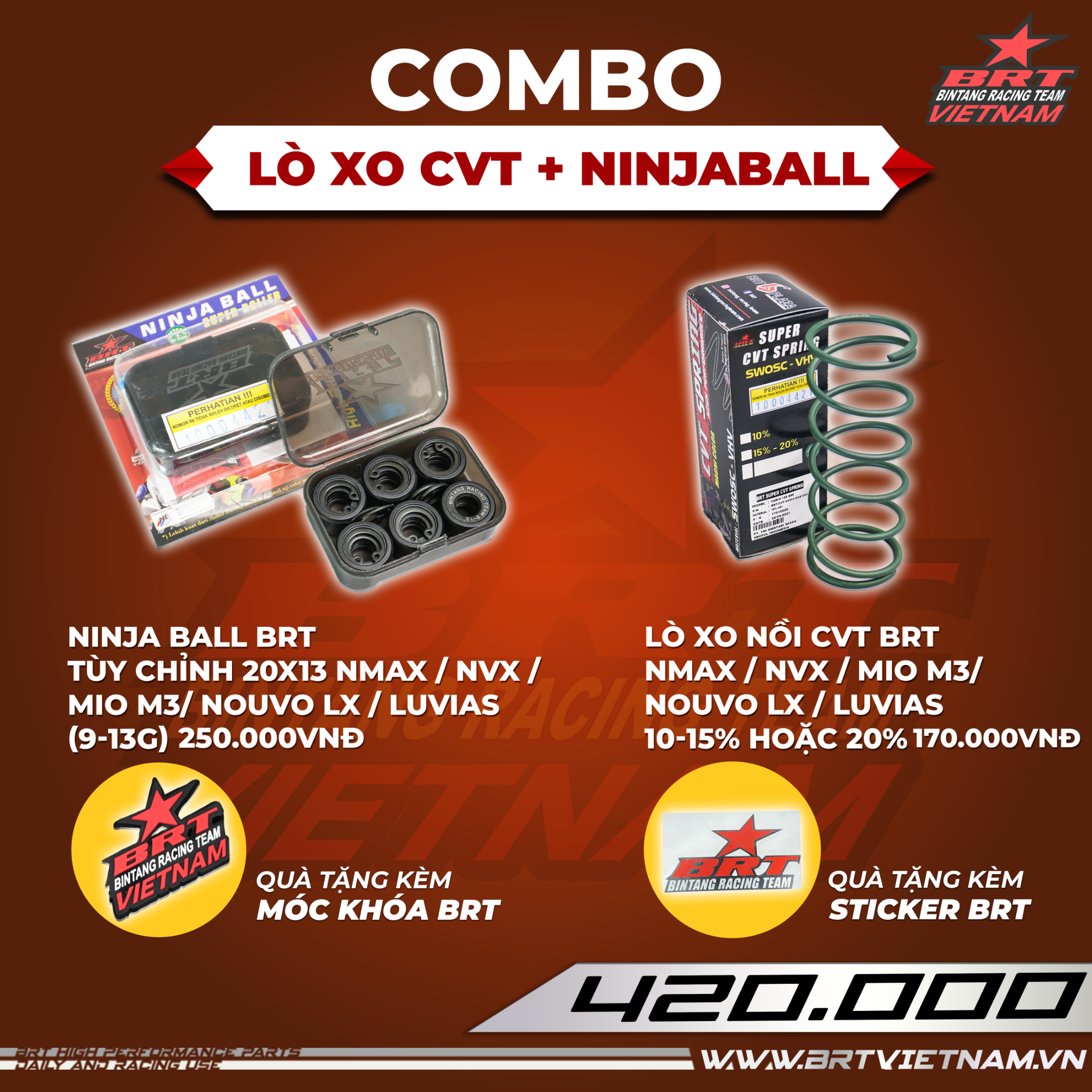  Combo Lò xo nồi tay ga NMAX / NVX / Mio M3/ Nouvo Lx / Luvias + Ninja ball tùy chỉnh BRT - Tặng kèm móc khóa BRT + tem dán BRT 
