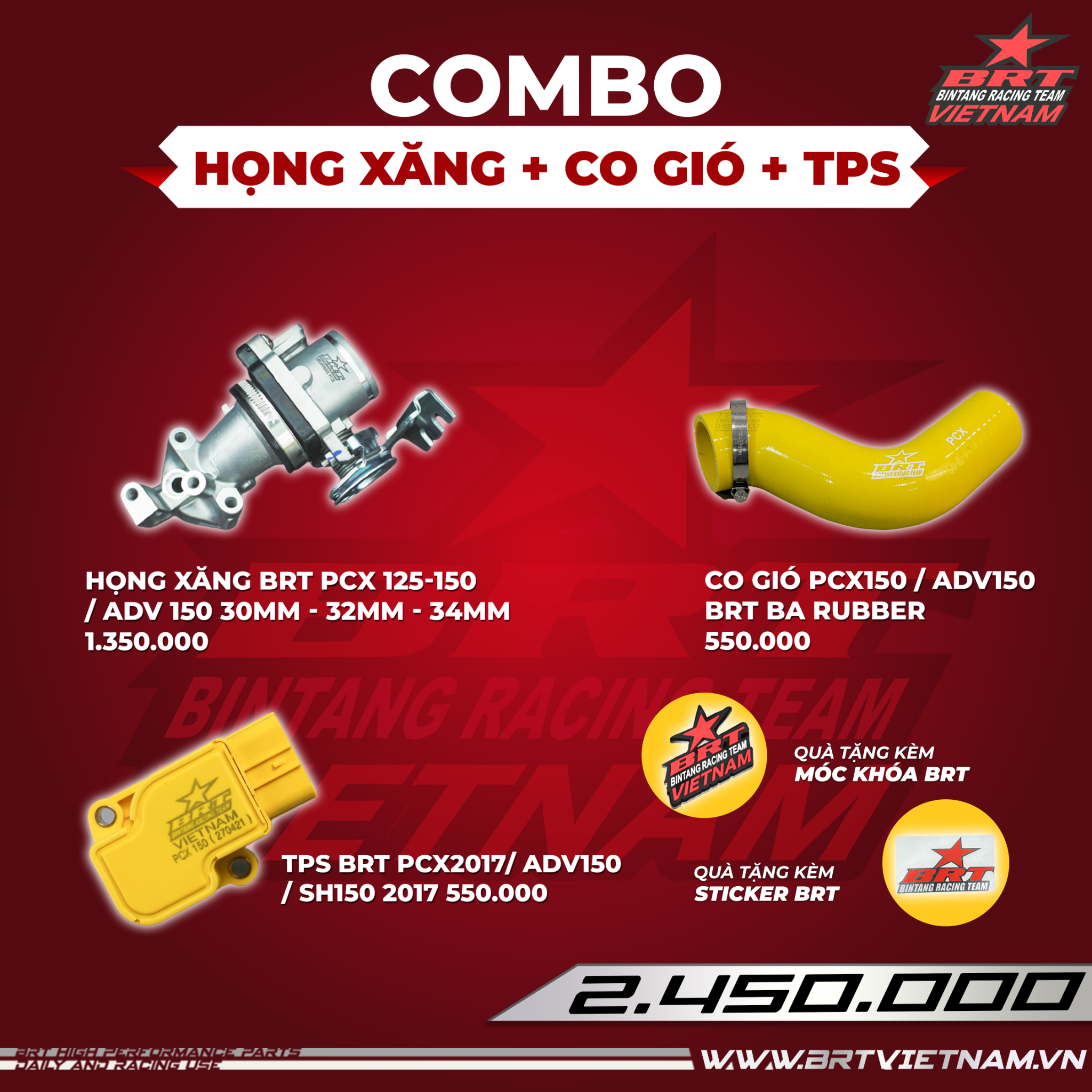  Combo Họng xăng PCX125-150 / ADV150 30-32-34mm + Co gió BRT + TPS BRT 