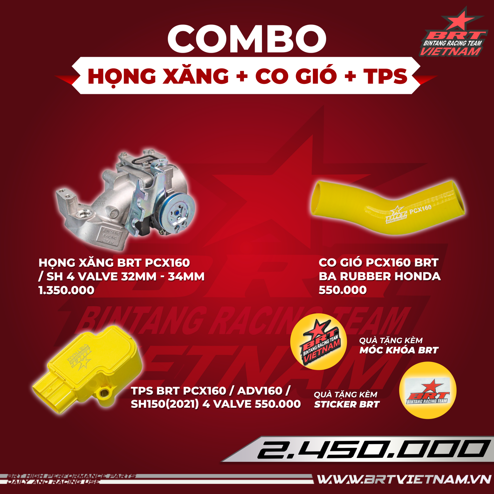  Combo Họng xăng PCX160 / ADV160 / SH (4 valve) 32mm + Co gió BRT + TPS BRT 