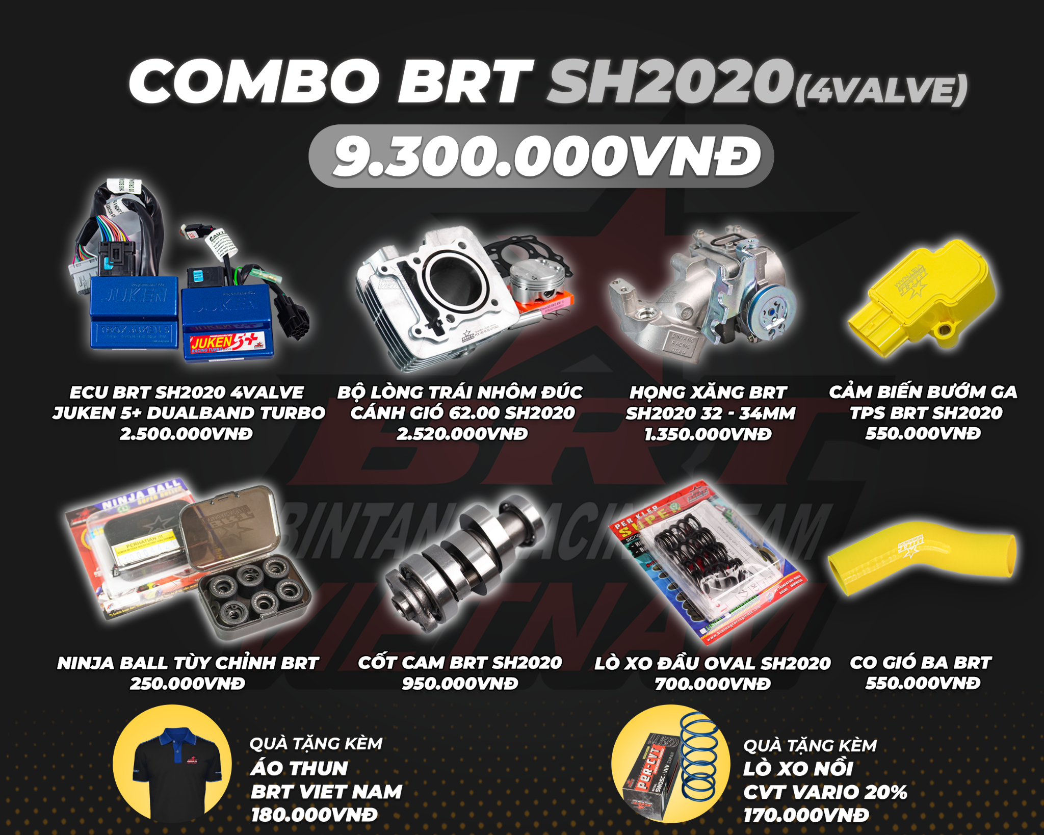  Combo BRT SH2020 4 valve - Tặng kèm Áo thun BRT VIETNAM + Lò xo nồi CVT Vario 20% 