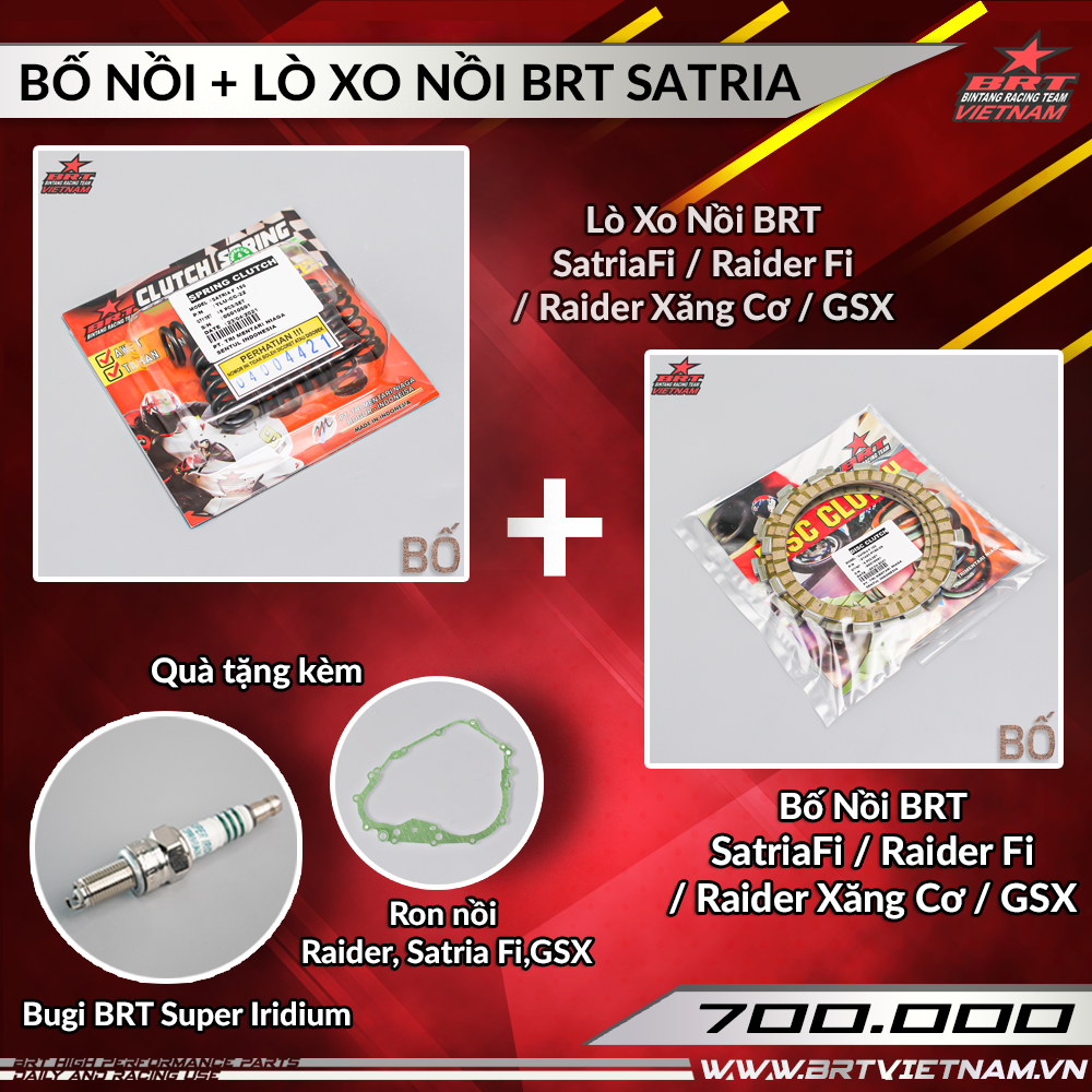  Combo bố nồi BRT + lò xo nồi BRT Raider150 / Satria Fi 150 / GSX R-S150 / Bandit 150 / FX125 - Tặng kèm Bugi và Ron nồi 