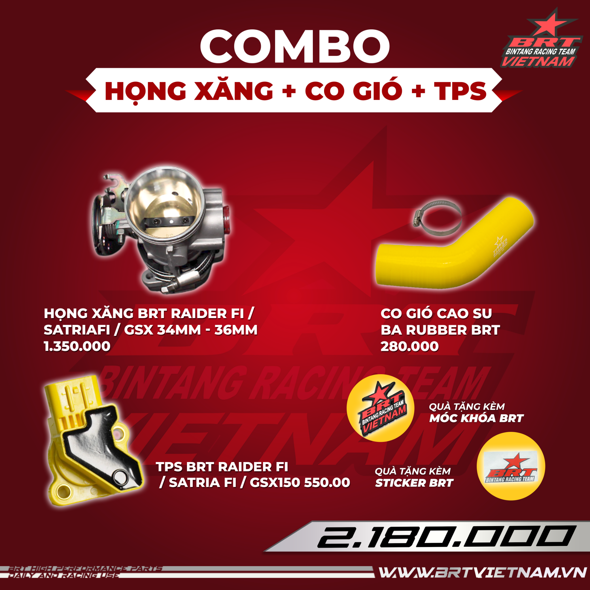  Combo Họng xăng Satria / Raider / GSX 34mm - 36mm + Co gió BRT + TPS BRT 