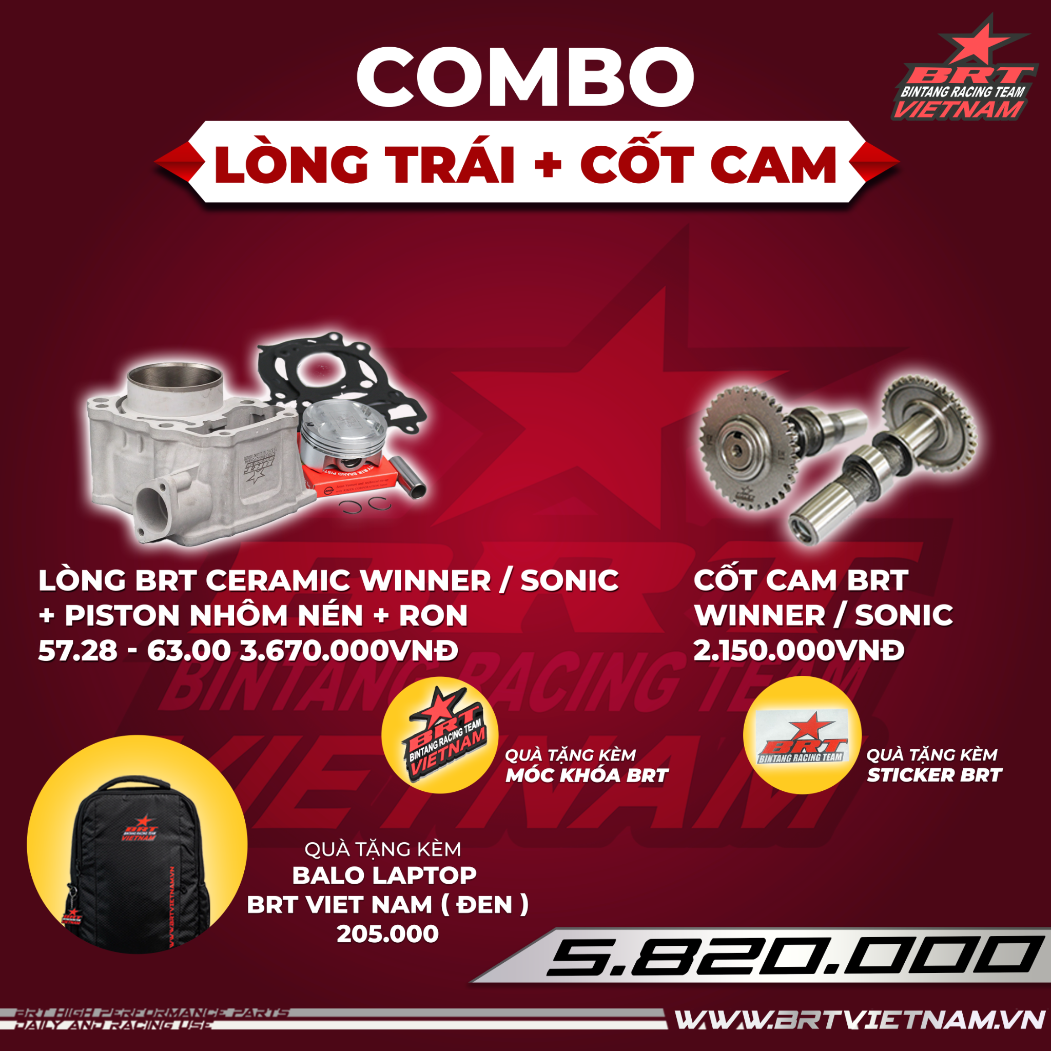  Combo Bộ Lòng Trái BRT Ceramic Winner / Sonic 57.28 - 63.00 + Cốt Cam Winner / Sonic BRT - Tặng kèm balo laptop BRT VIET NAM 
