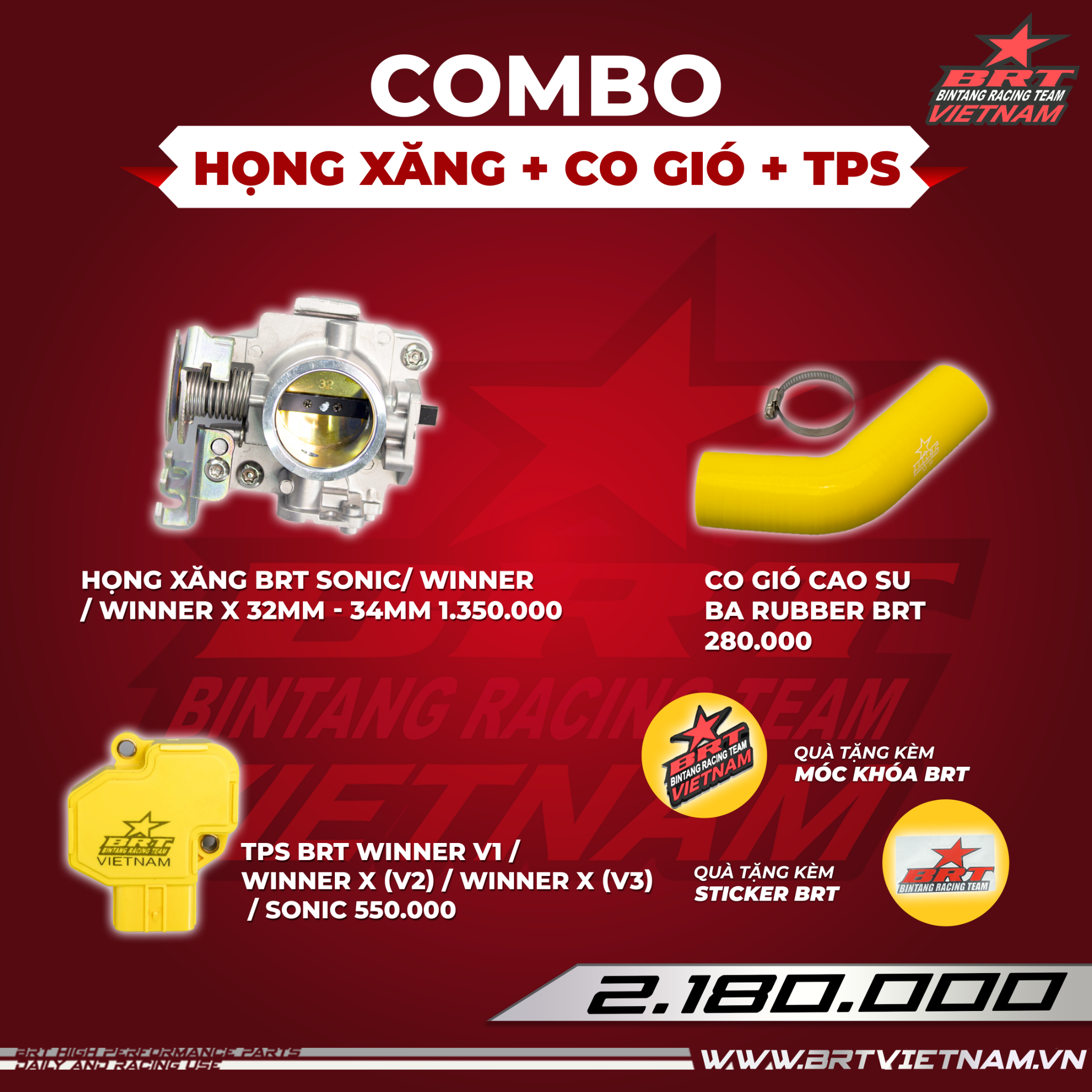  Combo Họng xăng Sonic / Winner / Winner X 32-34mm + Co gió BRT + TPS BRT 