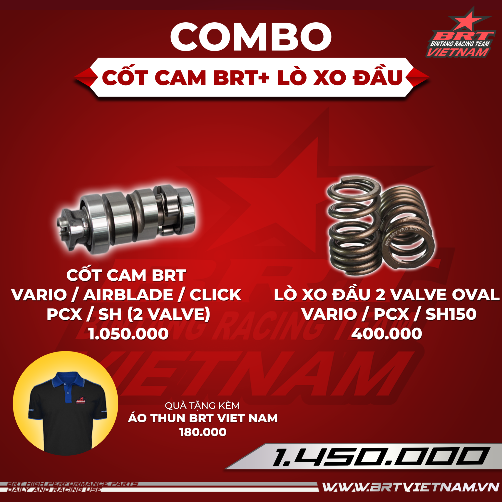  Combo Cốt Cam Vario / PCX / Airblade / SH + Lò xo đầu BRT - Tặng áo thun BRT VIET NAM 