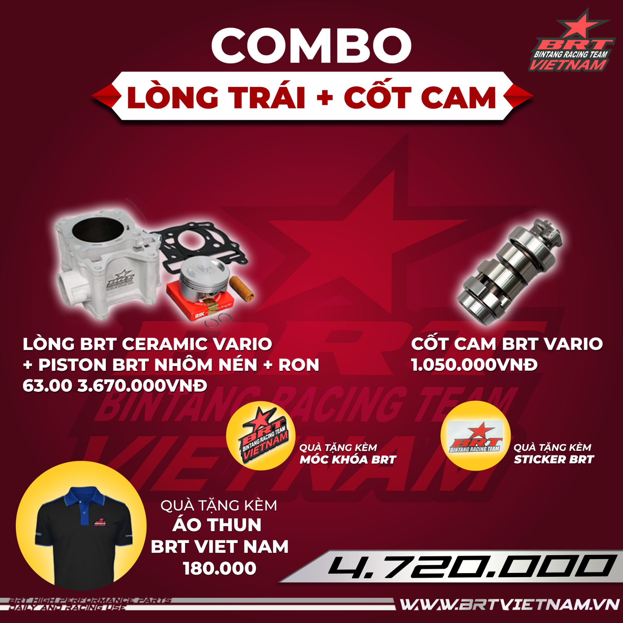  Combo Bộ Lòng Trái BRT Ceramic Vario 62.00 + Cốt Cam Exciter BRT - Tặng kèm áo thun BRT VIET NAM 
