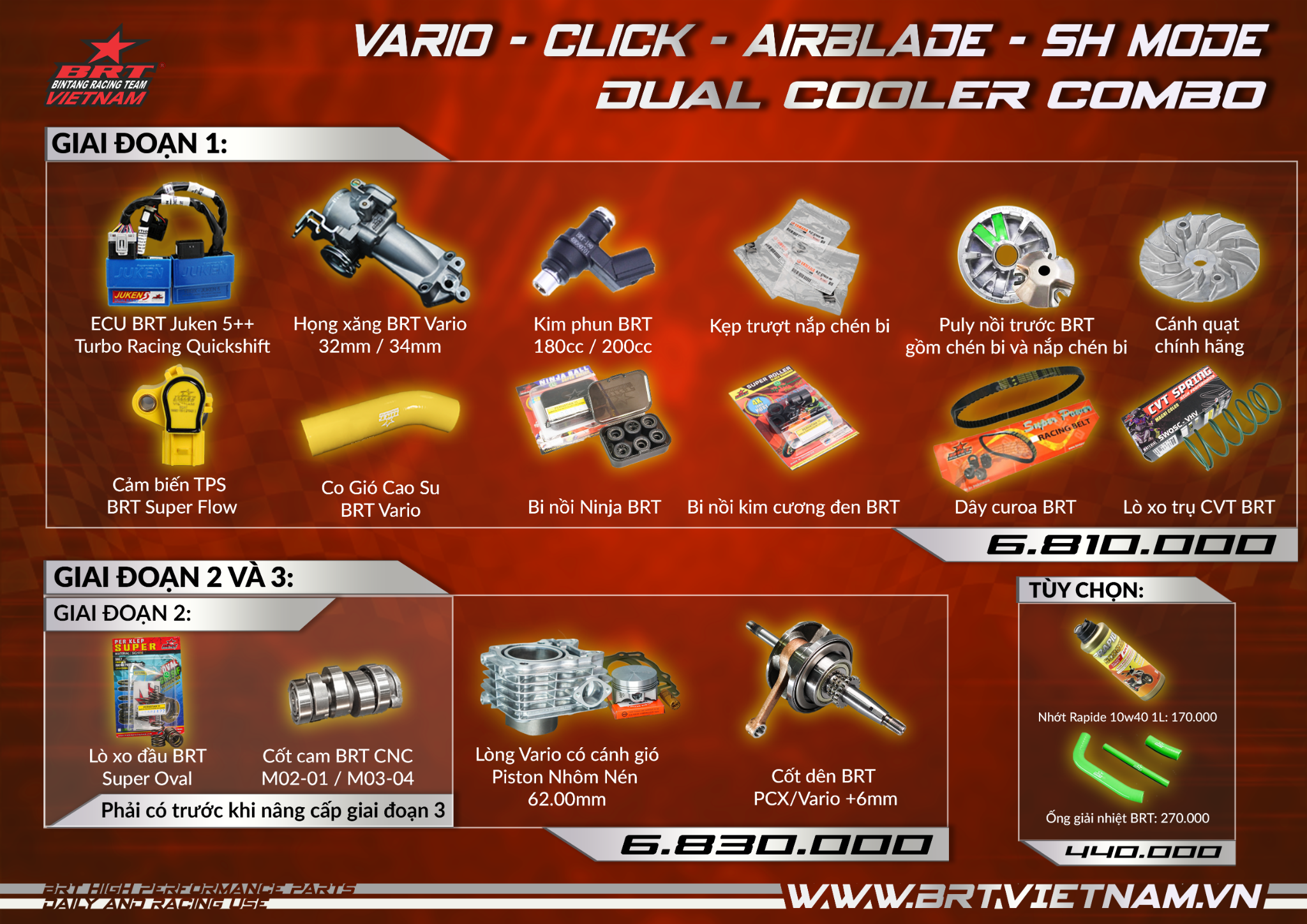  Combo BRT 180cc - 63zz Vario 125-150/ AirBlade 125/ Click 125-150/ PCX/ SH DualCooler (Street) 
