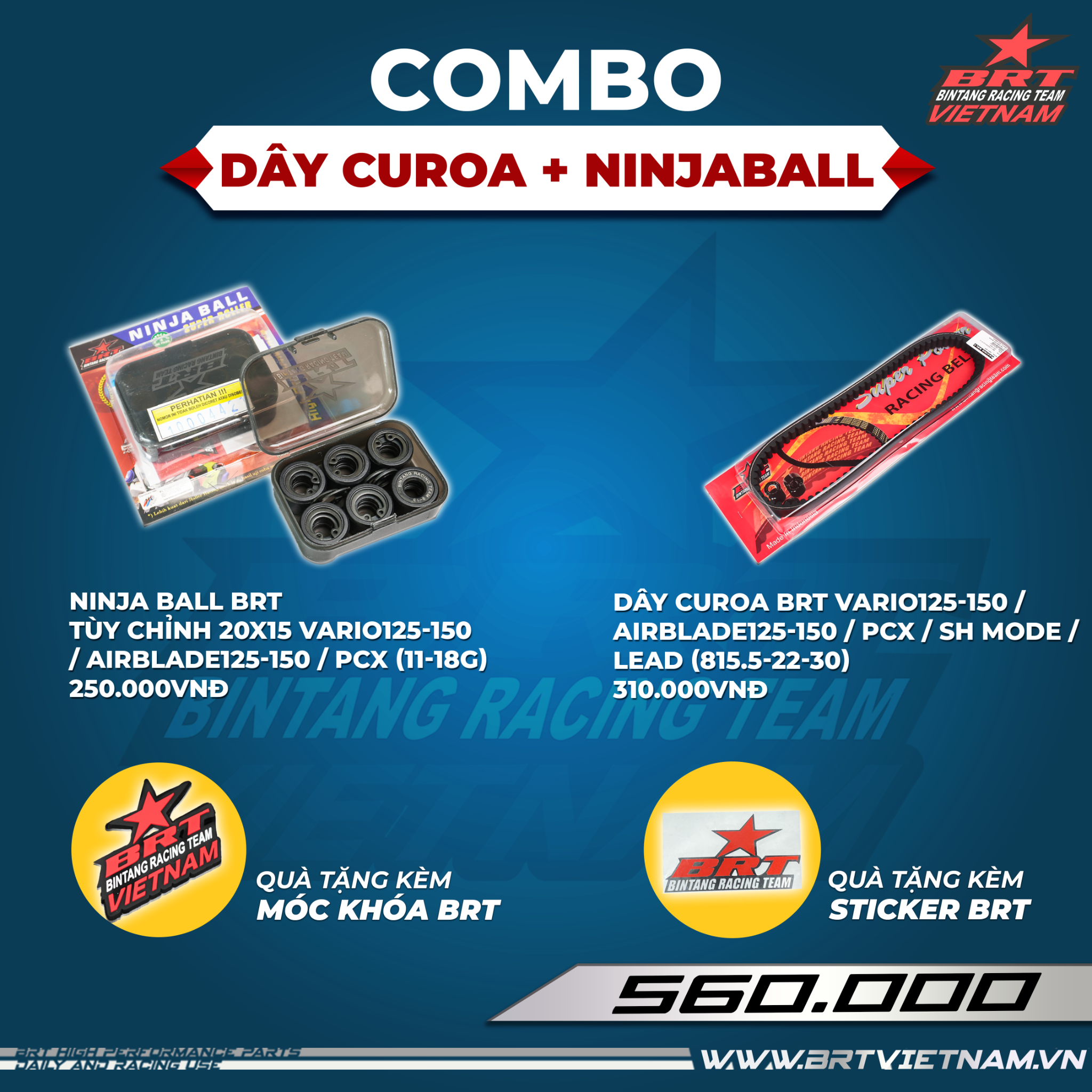  Combo Dây Curoa Vario125-150 / Airblade125-150 / PCX / SH Mode / Lead + Ninja Ball tùy chỉnh BRT -  Tặng kèm móc khóa BRT 
