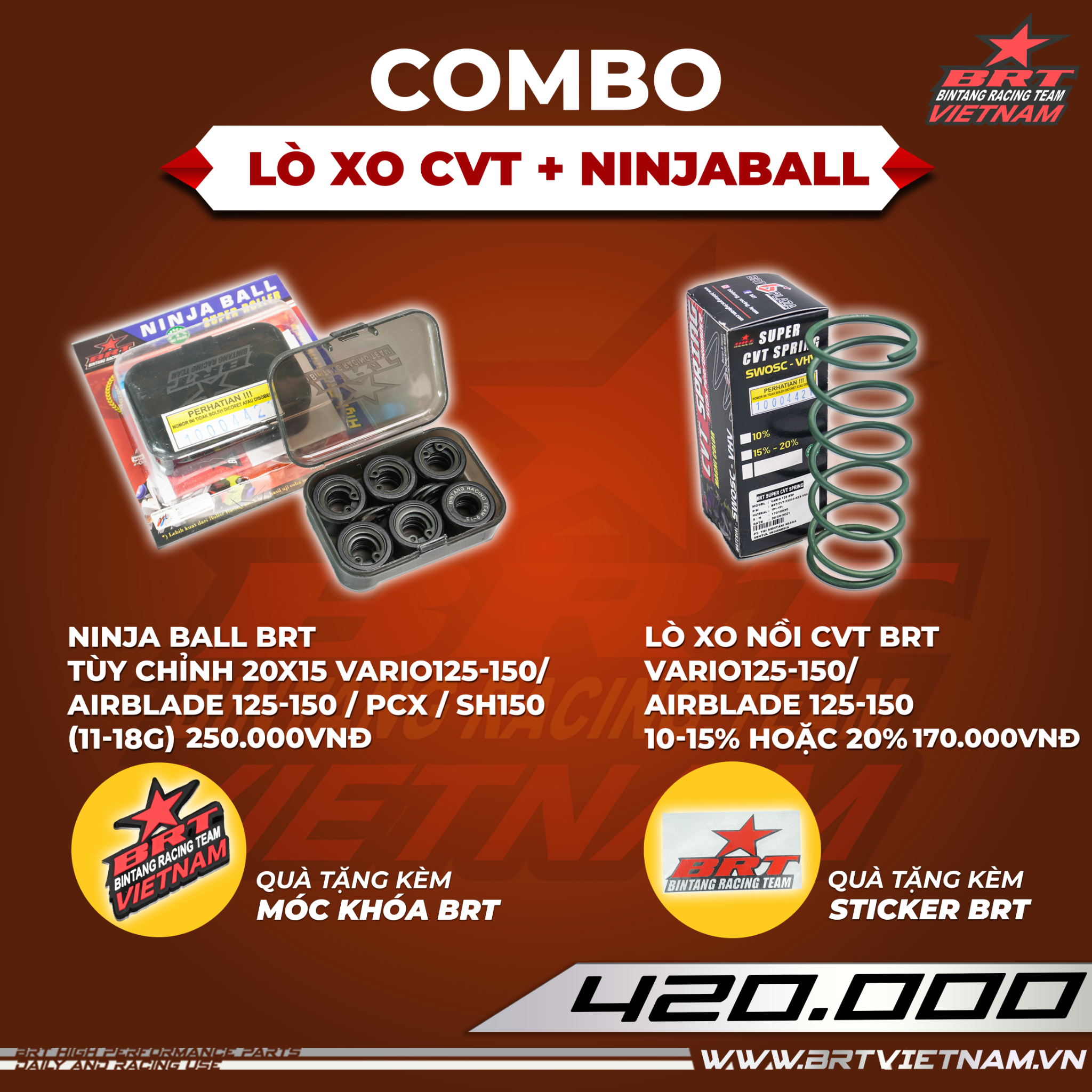  Combo Lò xo nồi tay ga Vario125-150/Airblade 125-150, PCX, SH150 + Ninja ball tùy chỉnh BRT - Tặng kèm móc khóa BRT 
