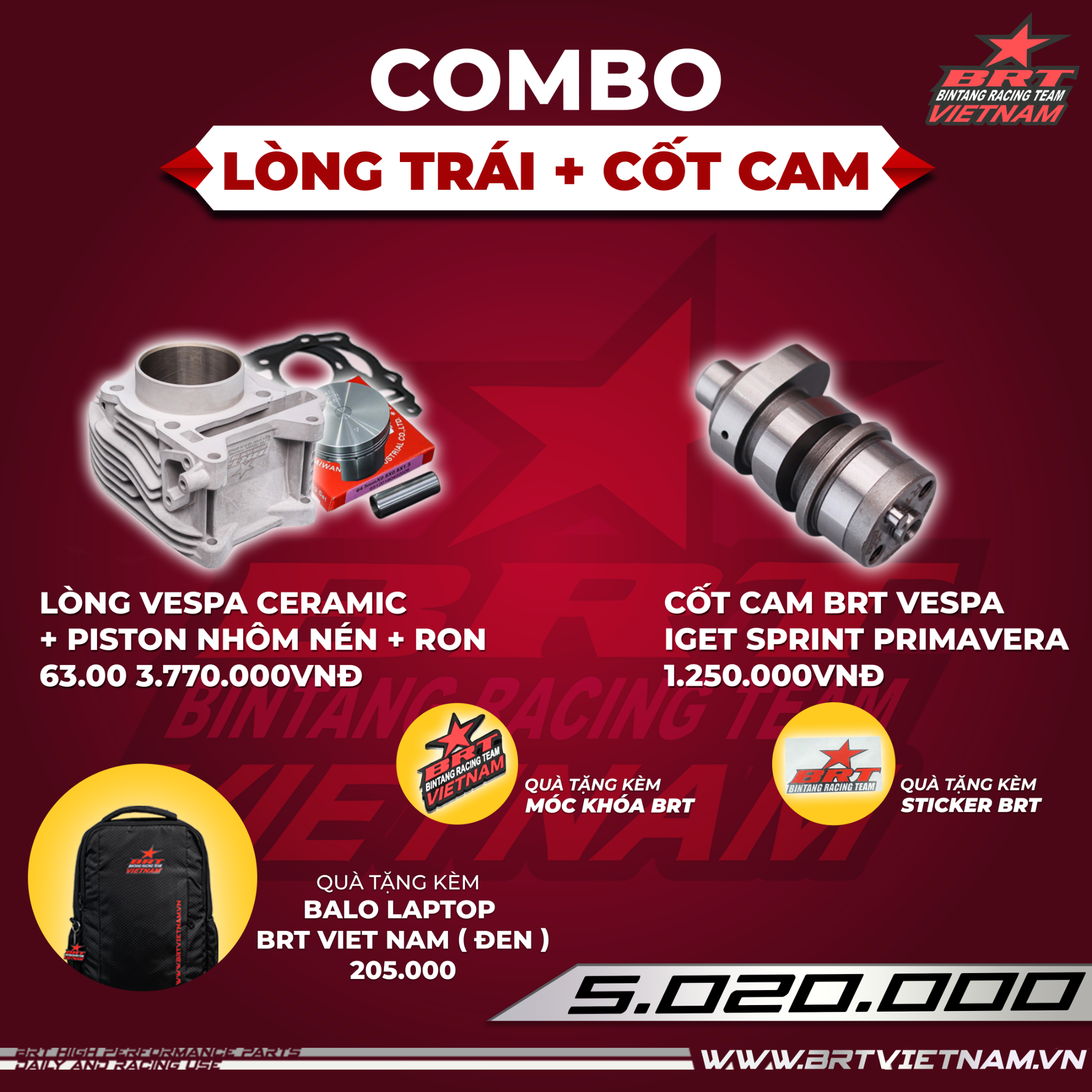  Combo Bộ Lòng Trái BRT Ceramic Vespa 62.00 + Cốt Cam Vespa BRT - Tặng kèm balo laptop BRT VIET NAM 