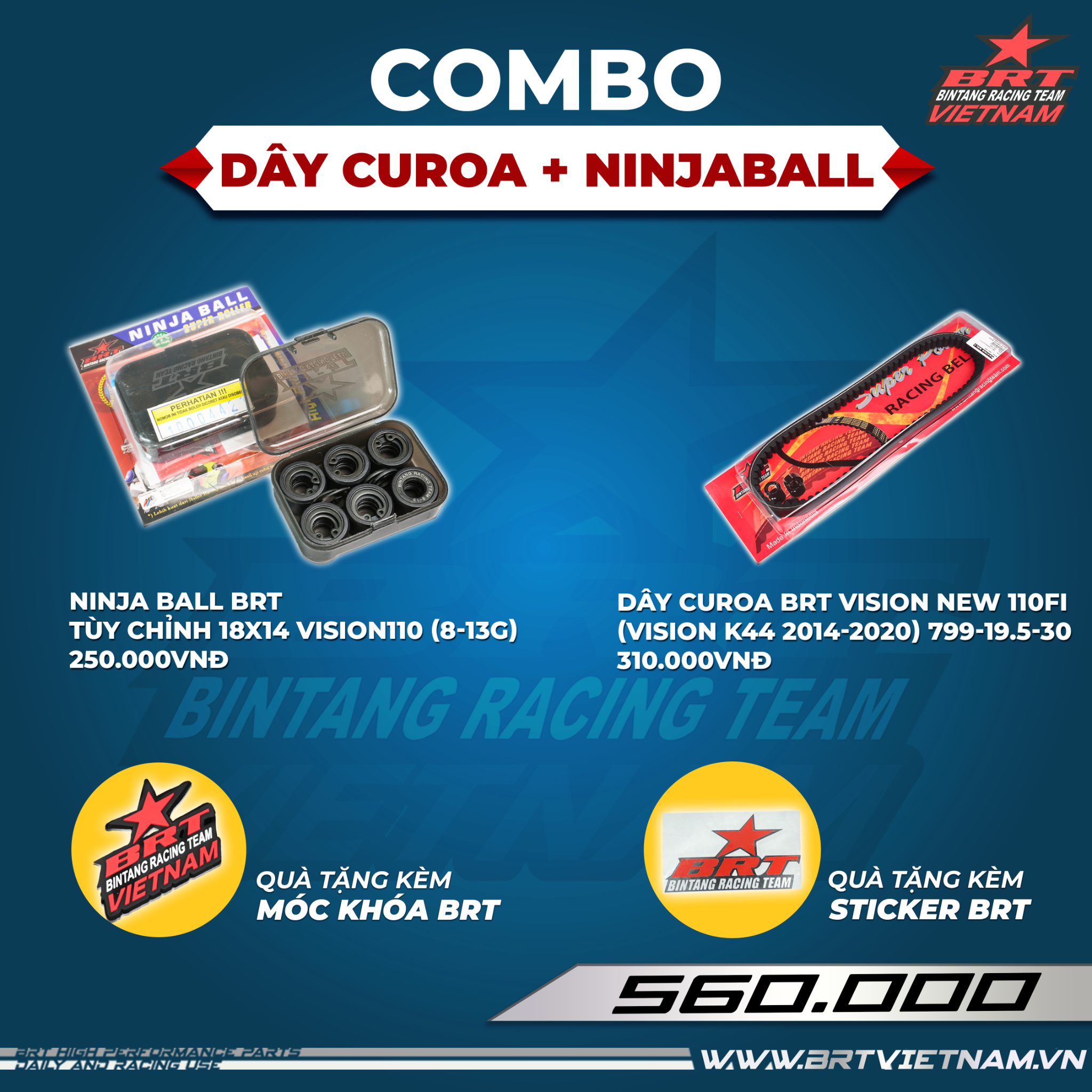  Combo Dây Curoa Vision110 BRT + Ninja Ball tùy chỉnh BRT -  Tặng kèm móc khóa BRT + tem dán BRT 