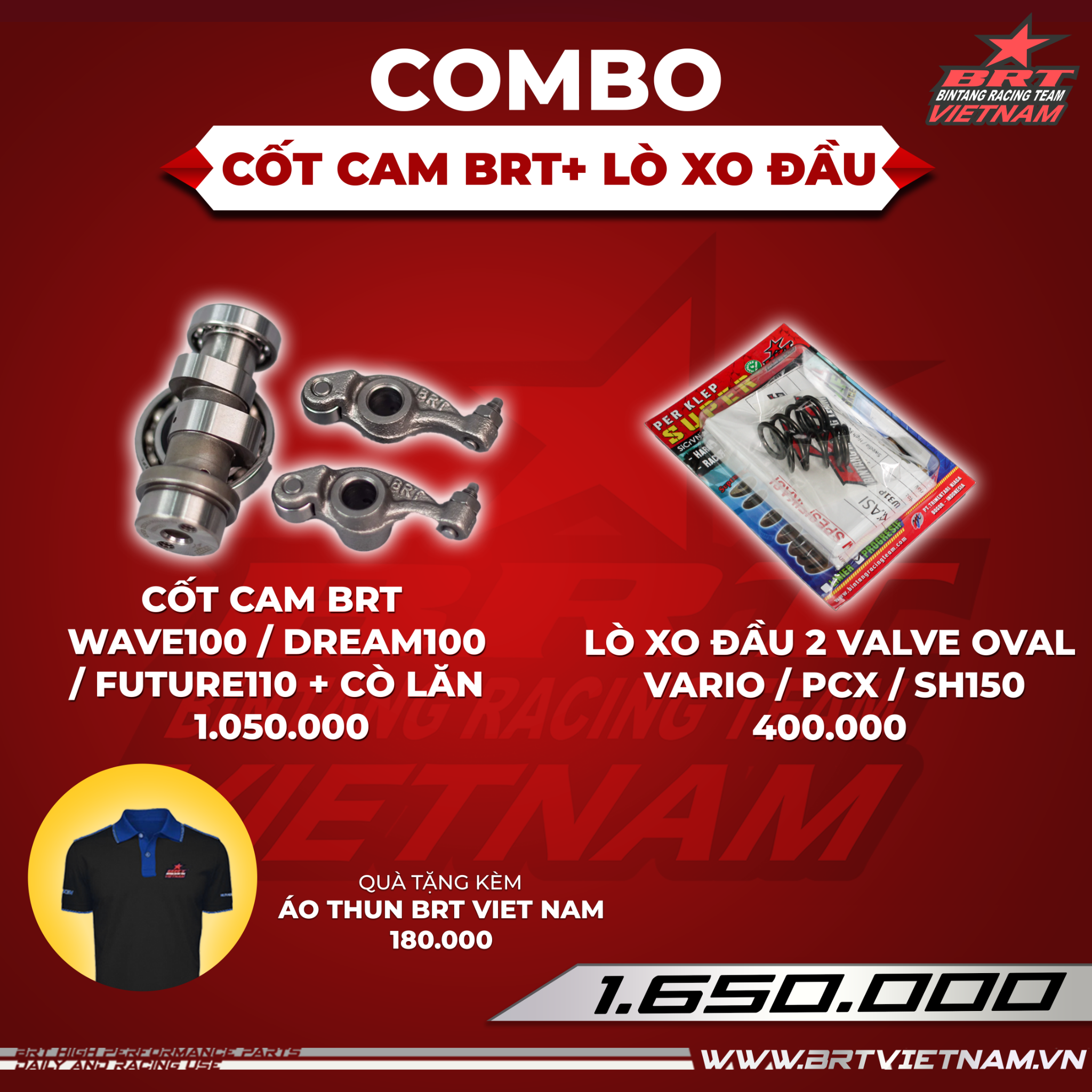  Combo Cốt Cam Wave100 / Dream100 / Future110 + Lò xo đầu BRT - Tặng áo thun BRT VIET NAM 