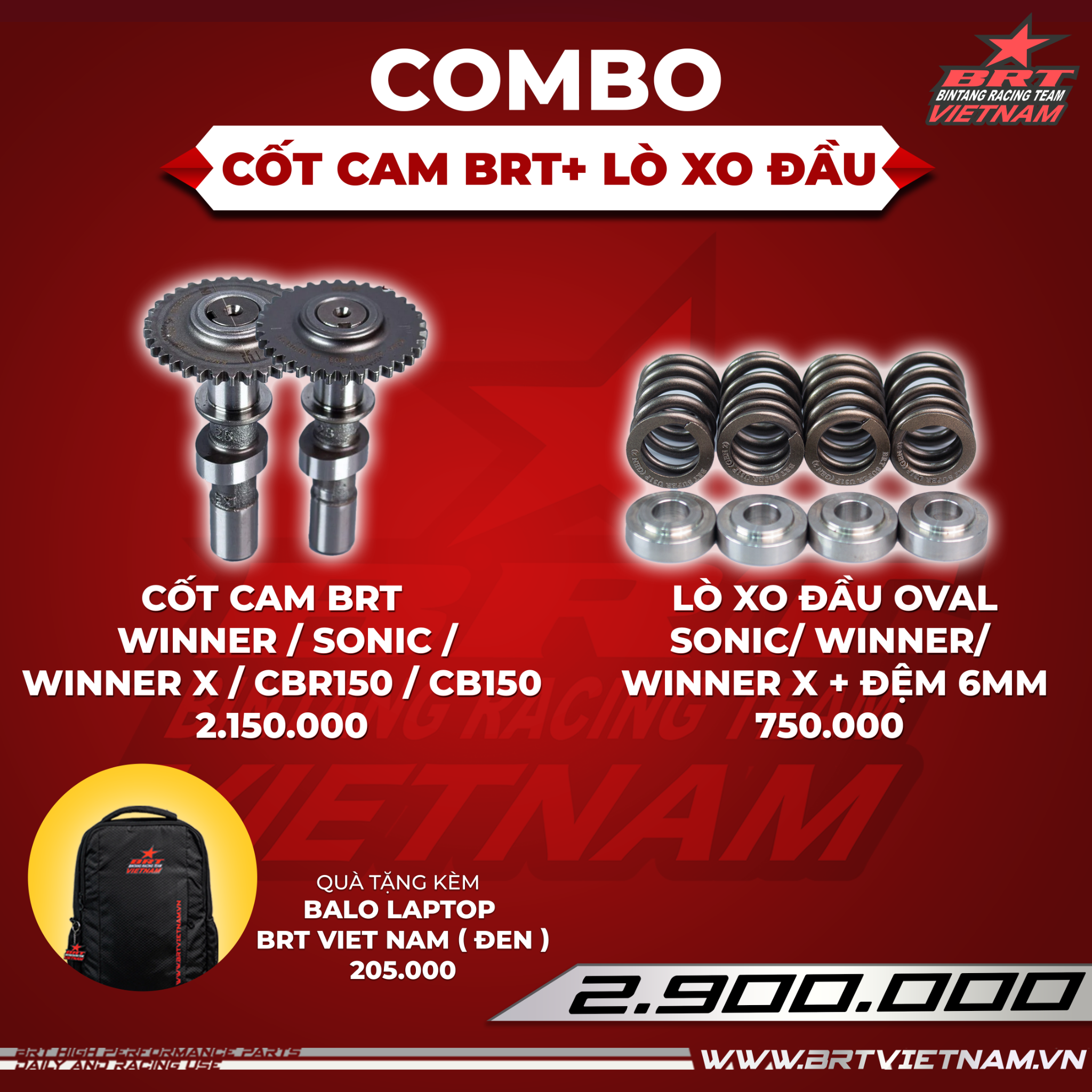  Combo Cốt Cam Winner / Sonic / CBR150 / CB150 + Lò xo đầu BRT - Tặng áo thun BRT VIET NAM 