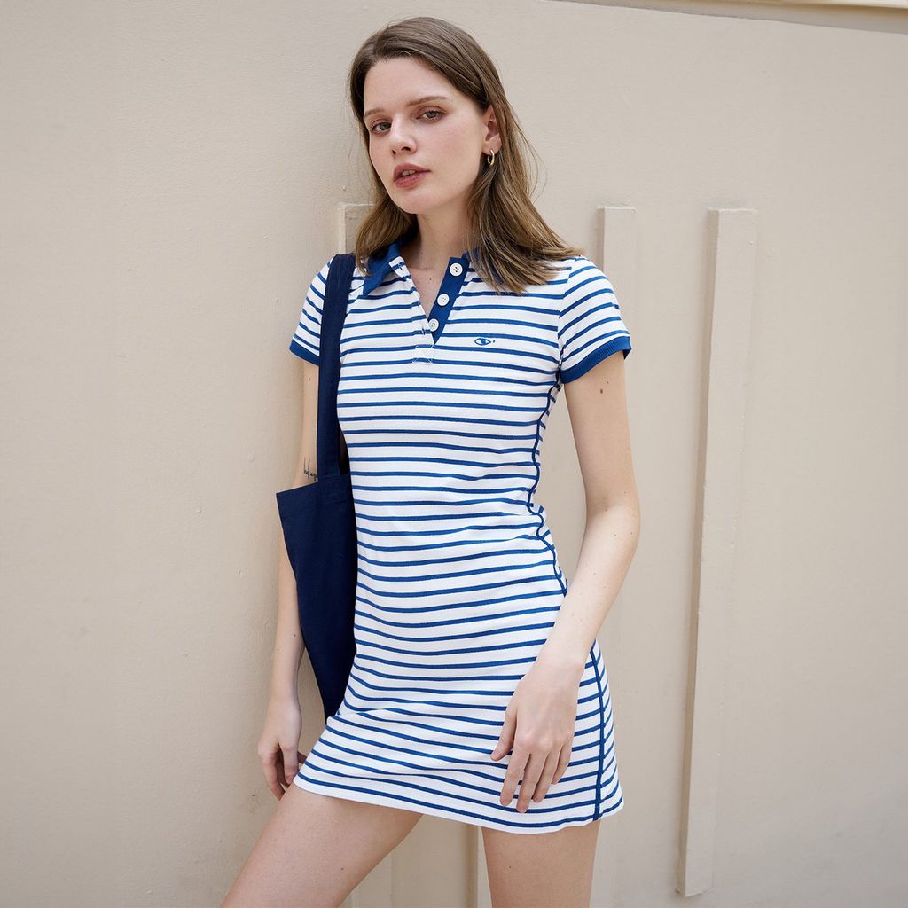  Đầm Nữ TheBlueTshirt Polo Shirt Dress - Signature Blue Stripe 