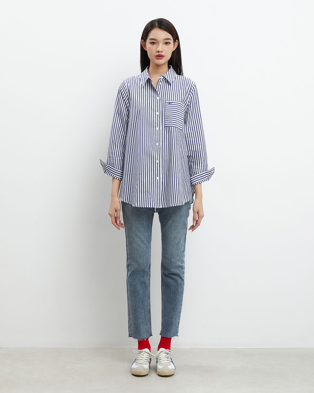  Áo Sơ Mi Nữ TheBlueTshirt Oversized Pocket Shirt - Blue Navy Stripe 