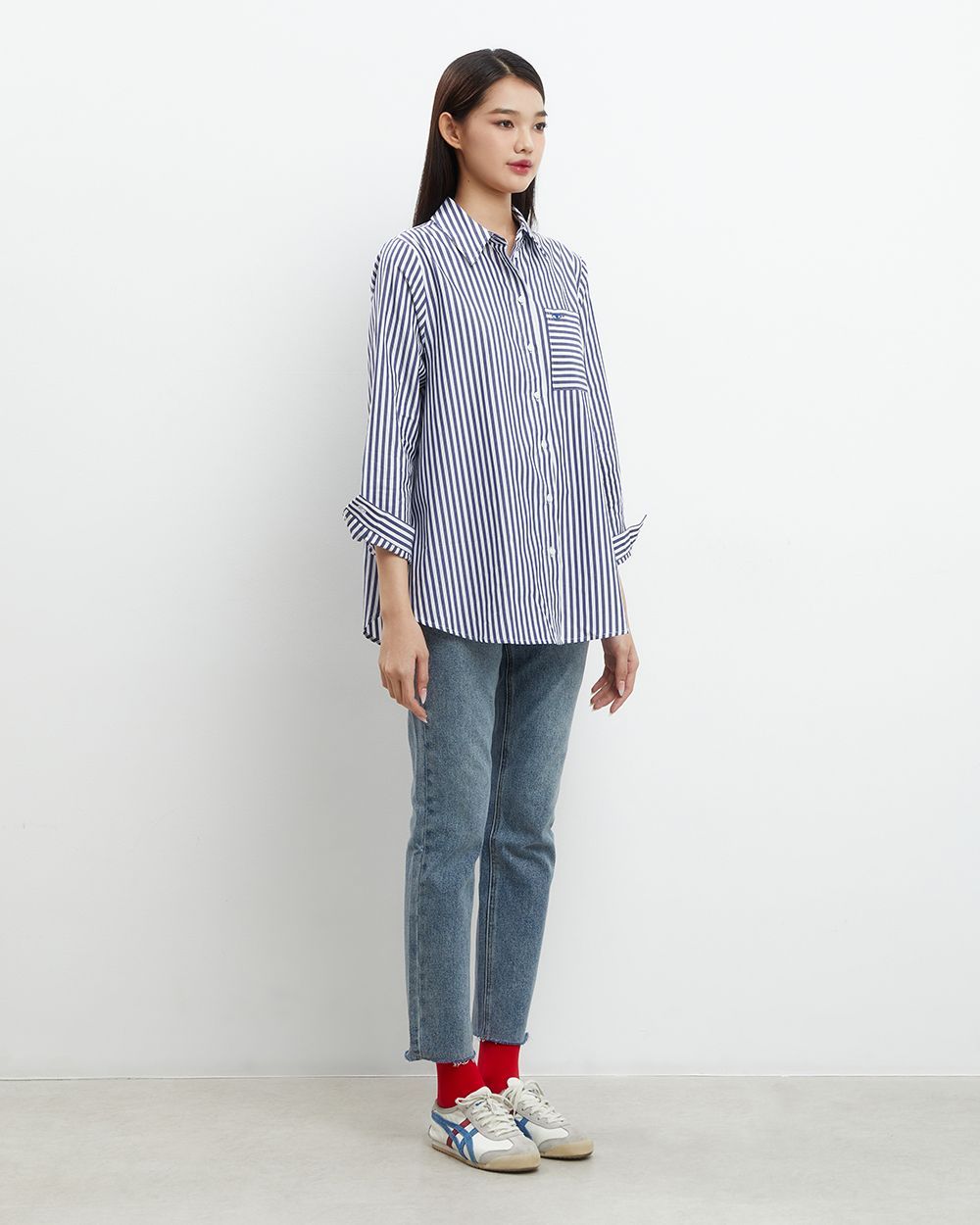  Áo Sơ Mi Nữ TheBlueTshirt Oversized Pocket Shirt - Blue Navy Stripe 