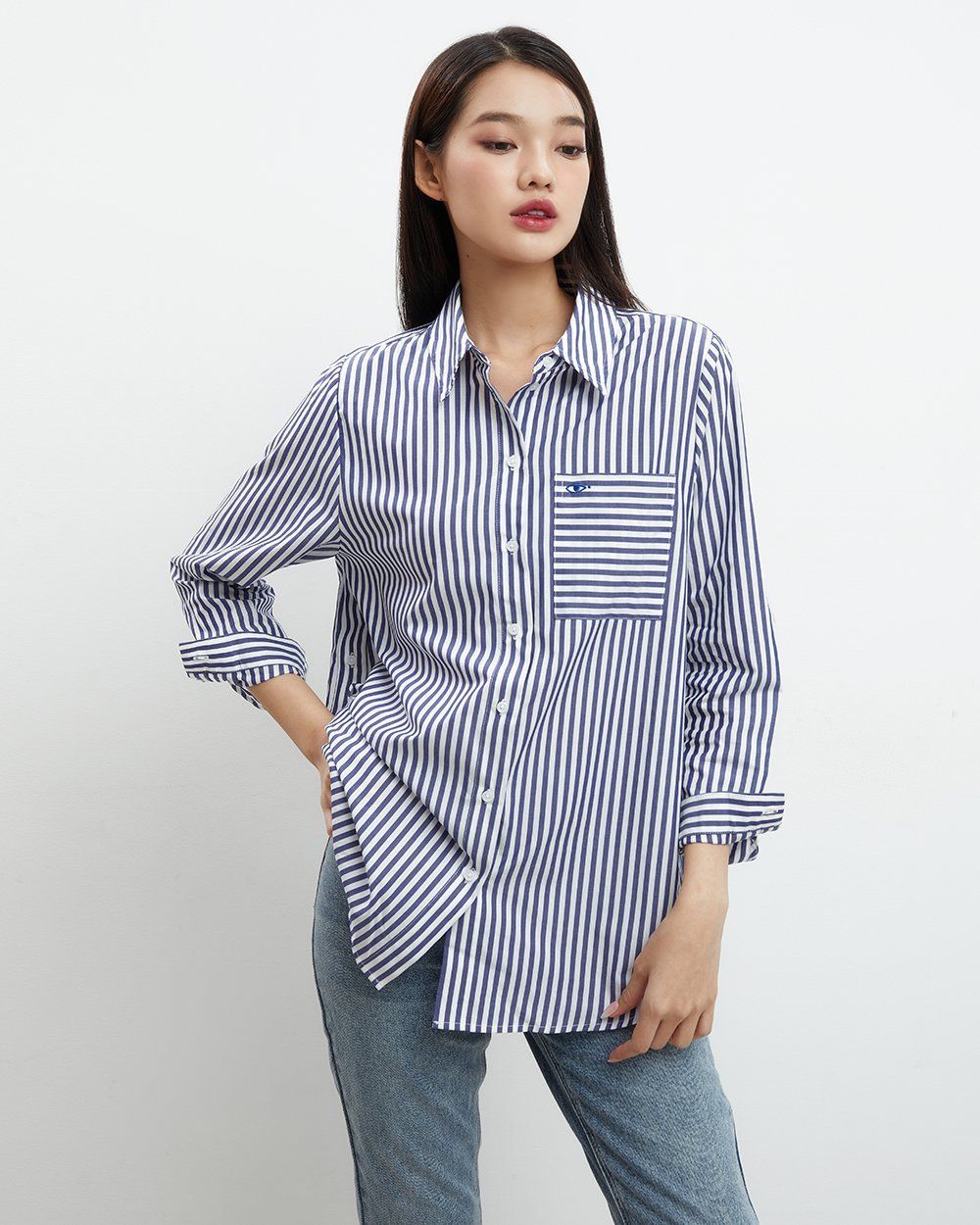  Áo Sơ Mi Nữ TheBlueTshirt Oversized Pocket Shirt - Blue Navy Stripe 