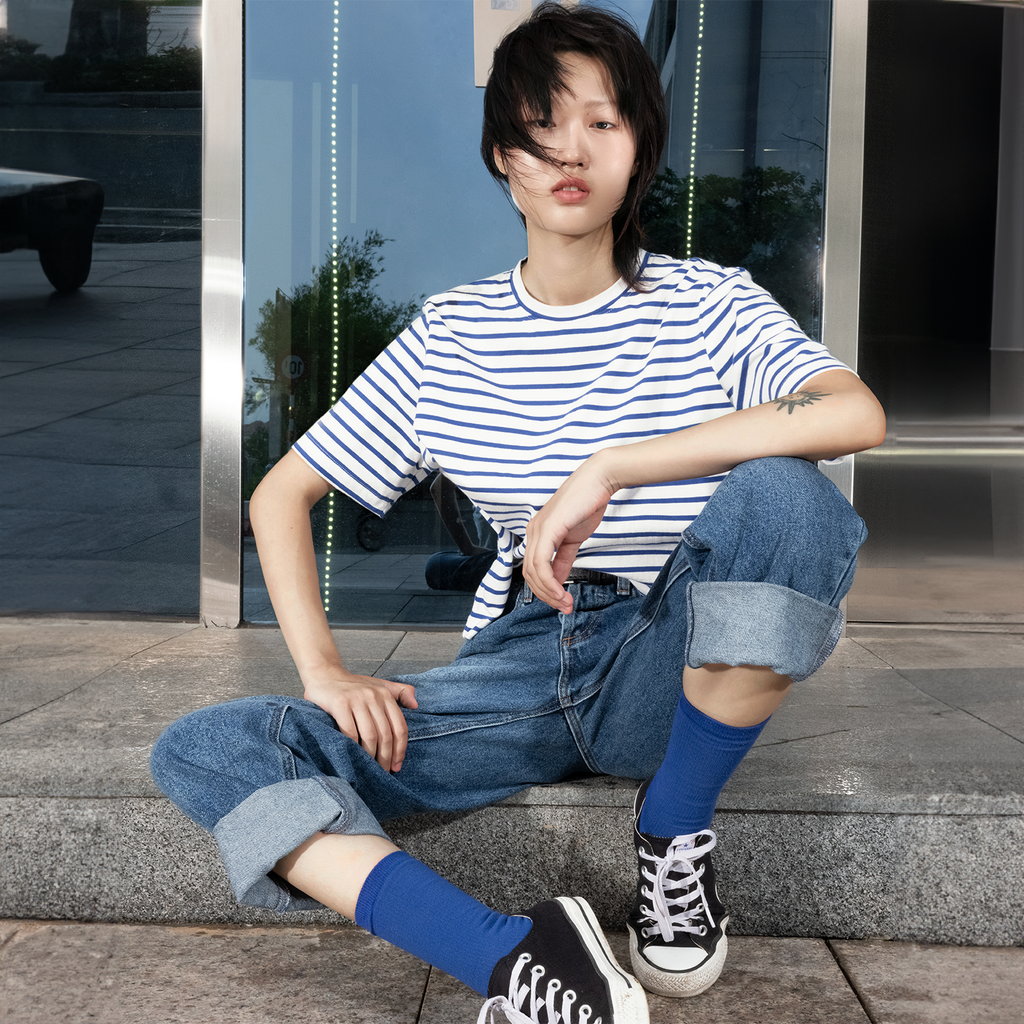  Áo Thun Nữ TheBlueTshirt Boxy Tee - Signature Blue Stripe 