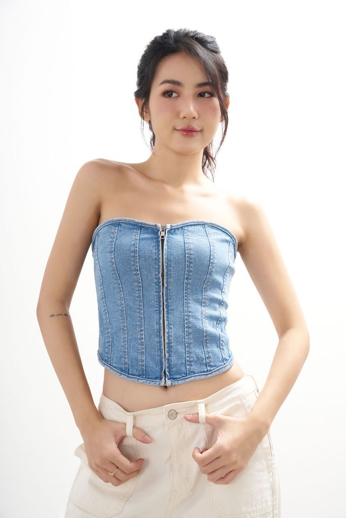  Áo Kiểu Nữ DOTTIE Corset Vải Demin Đan Dây - Xanh Nhạt - T0784 