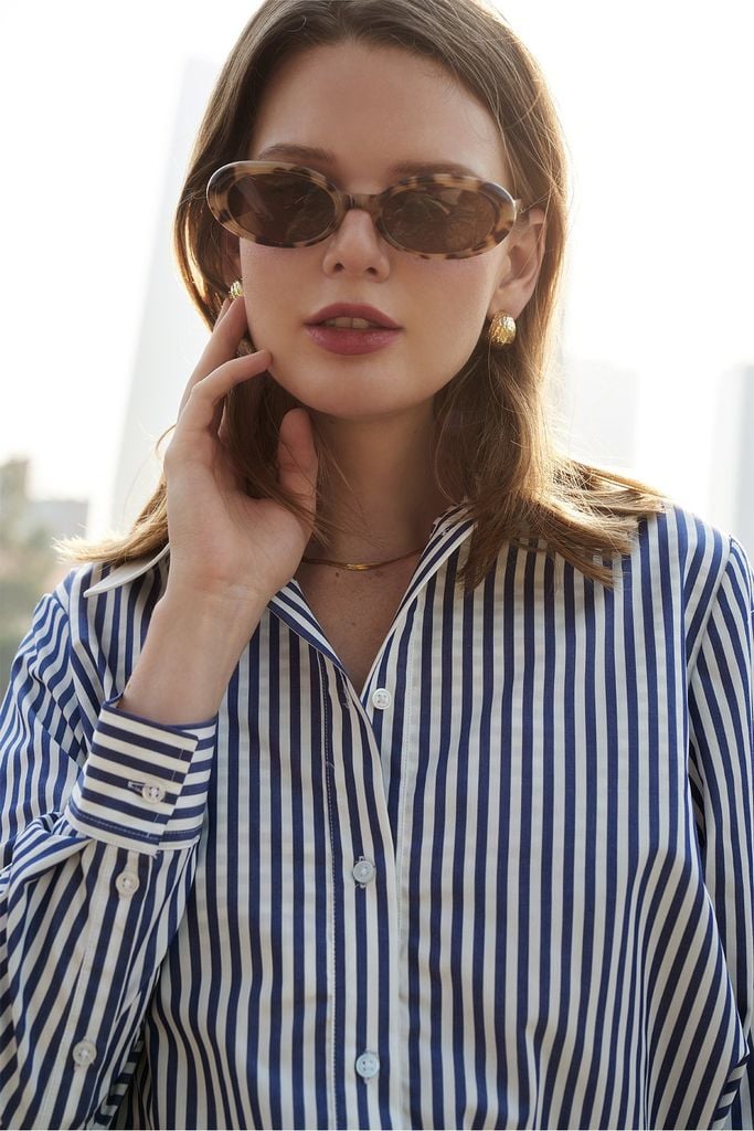  Áo Sơ Mi Nữ TheBlueTshirt Modern Arc Oversized Shirt - Blue Navy Stripe 