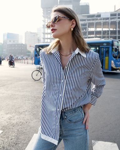  Áo Sơ Mi Nữ TheBlueTshirt Modern Arc Oversized Shirt - Blue Navy Stripe 