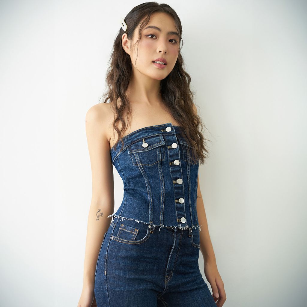  Áo Kiểu Nữ DOTTIE Ống Vải Jeans Đắp Túi - T0708 