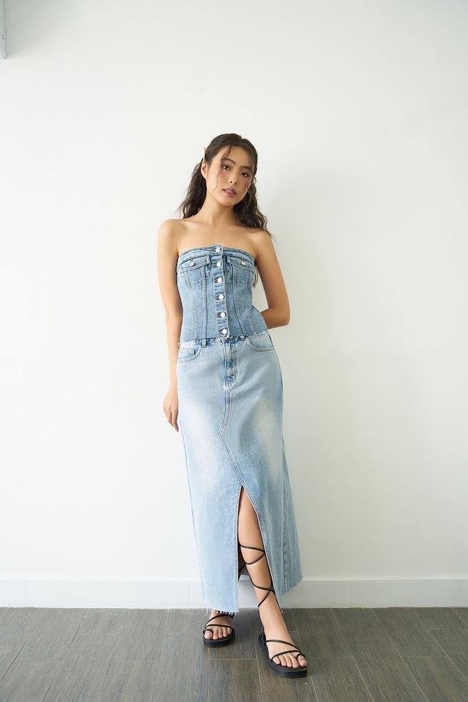  Áo Kiểu Nữ DOTTIE Ống Vải Jeans Đắp Túi - T0708 