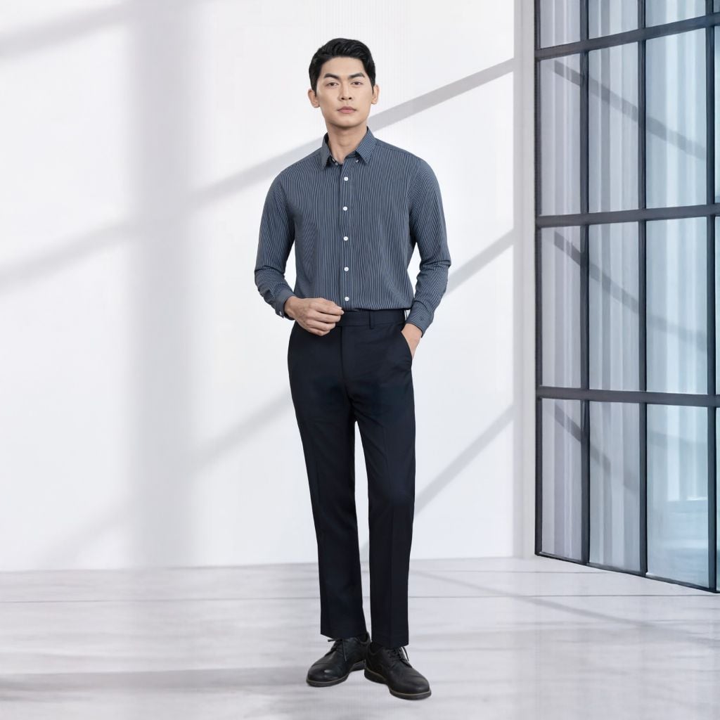 Áo Sơ Mi Nam Sọc Xanh Đen Dáng Regular Fit 1C7935040