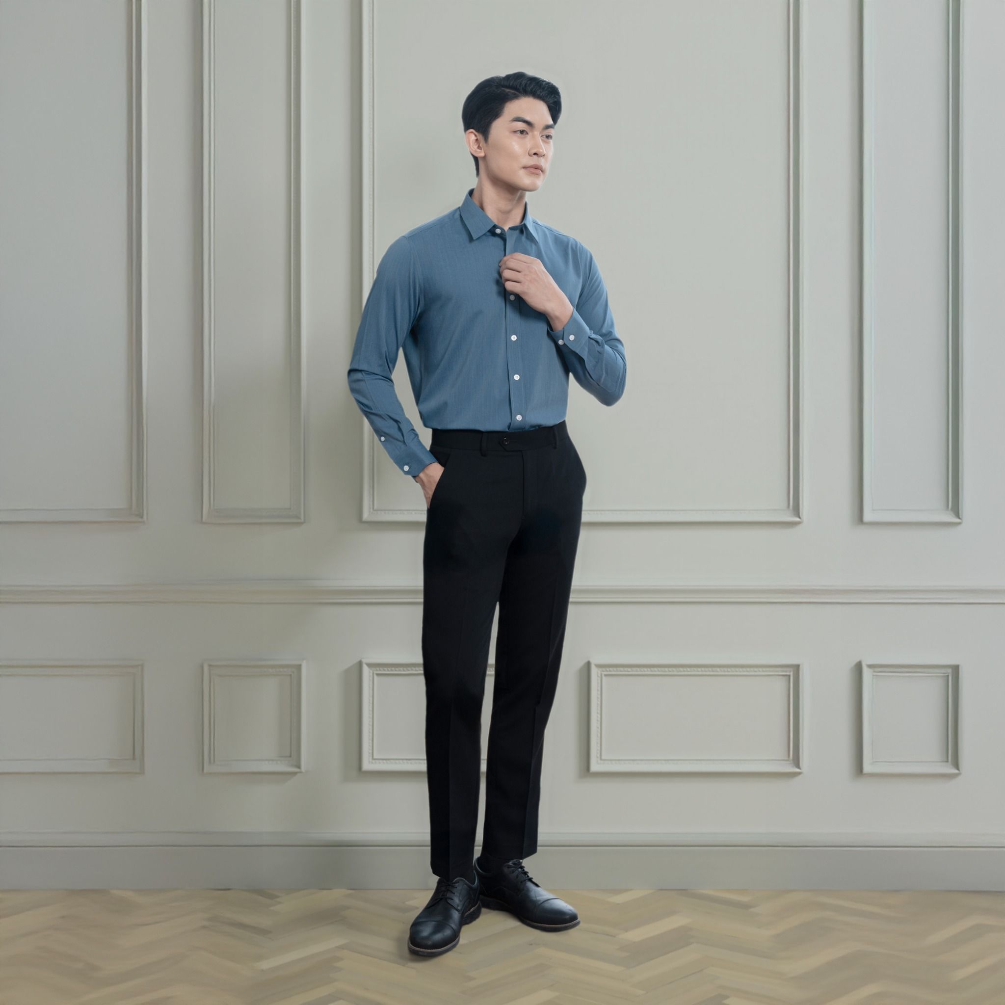 1C7895-073 Áo Sơ Mi Trơn Nam Xanh Ngọc Dáng Regular Fit