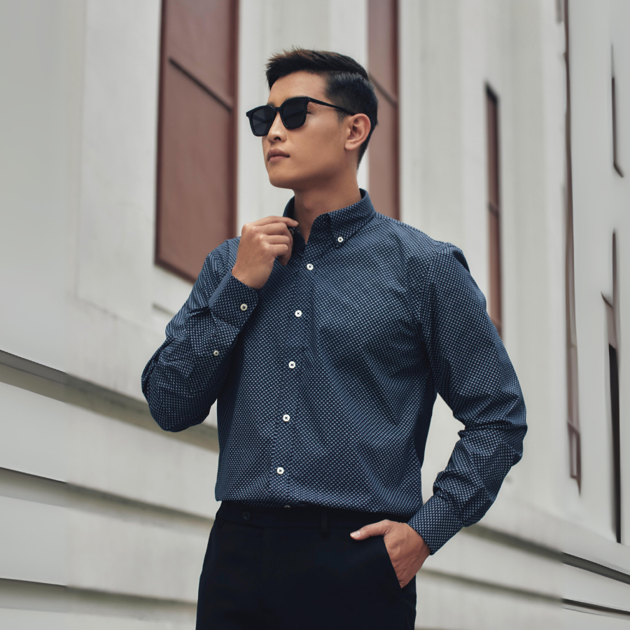 1C725K Áo Sơ Mi Nam Tay Dài Thái Tuấn Họa Tiết Navy