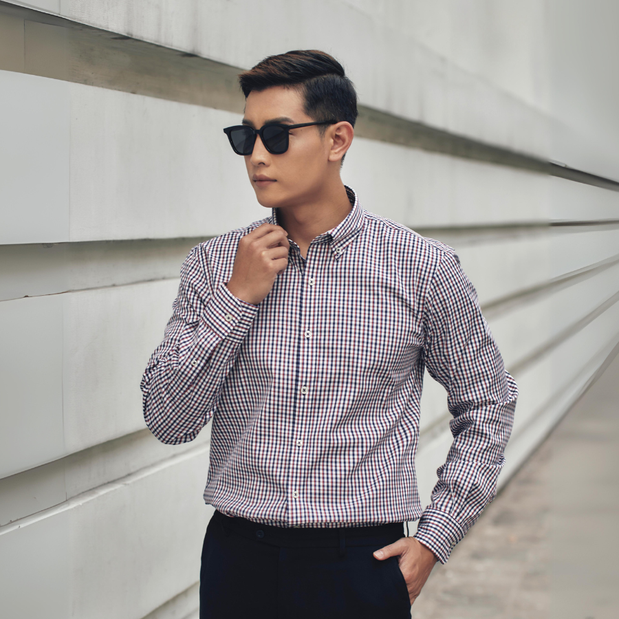1C726K Áo Sơ Mi Nam Tay Dài Thái Tuấn Họa Tiết  Navy Red